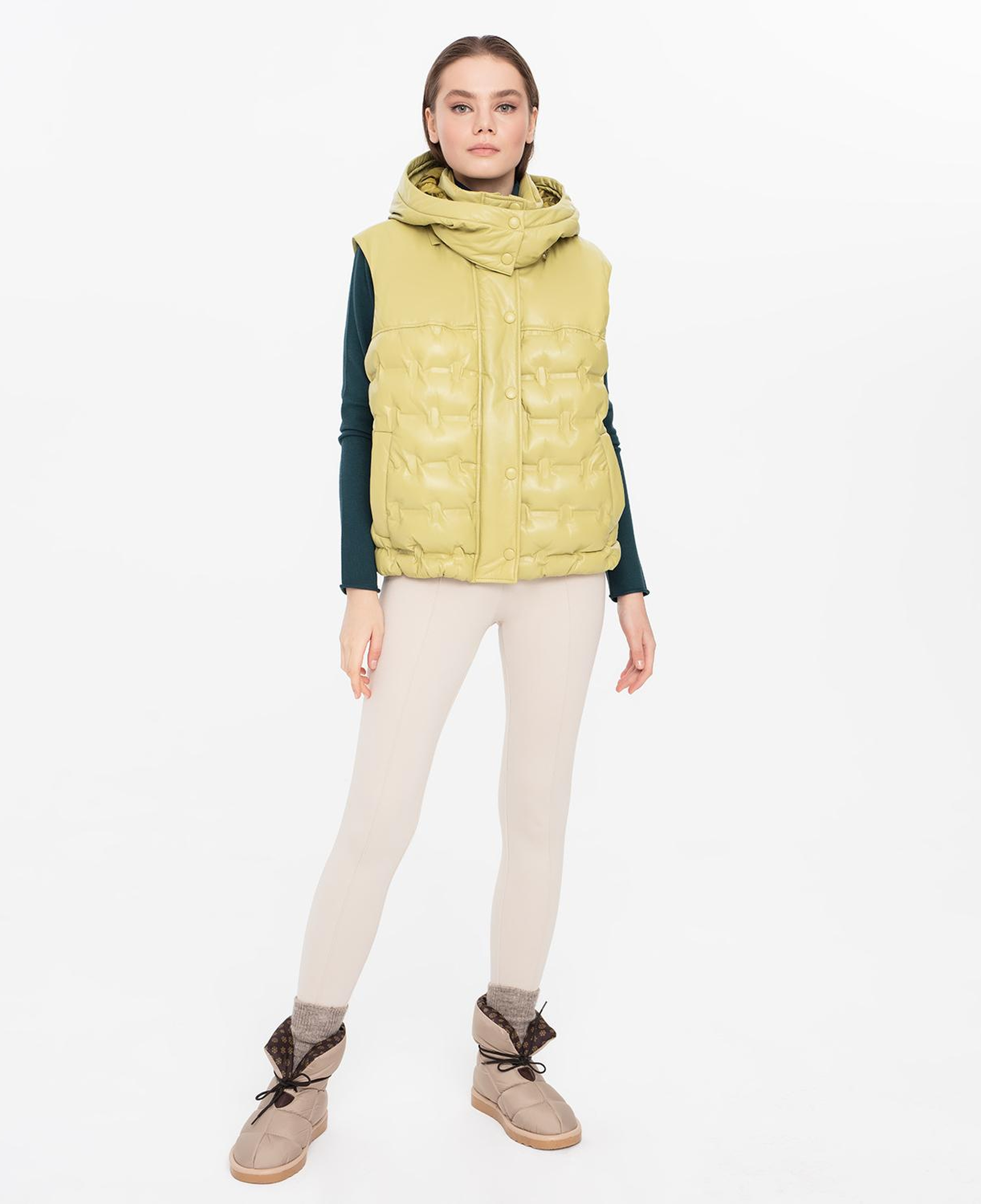 Anitra Kadın Yeşil Kapüşonlu Puffer Deri Yelek