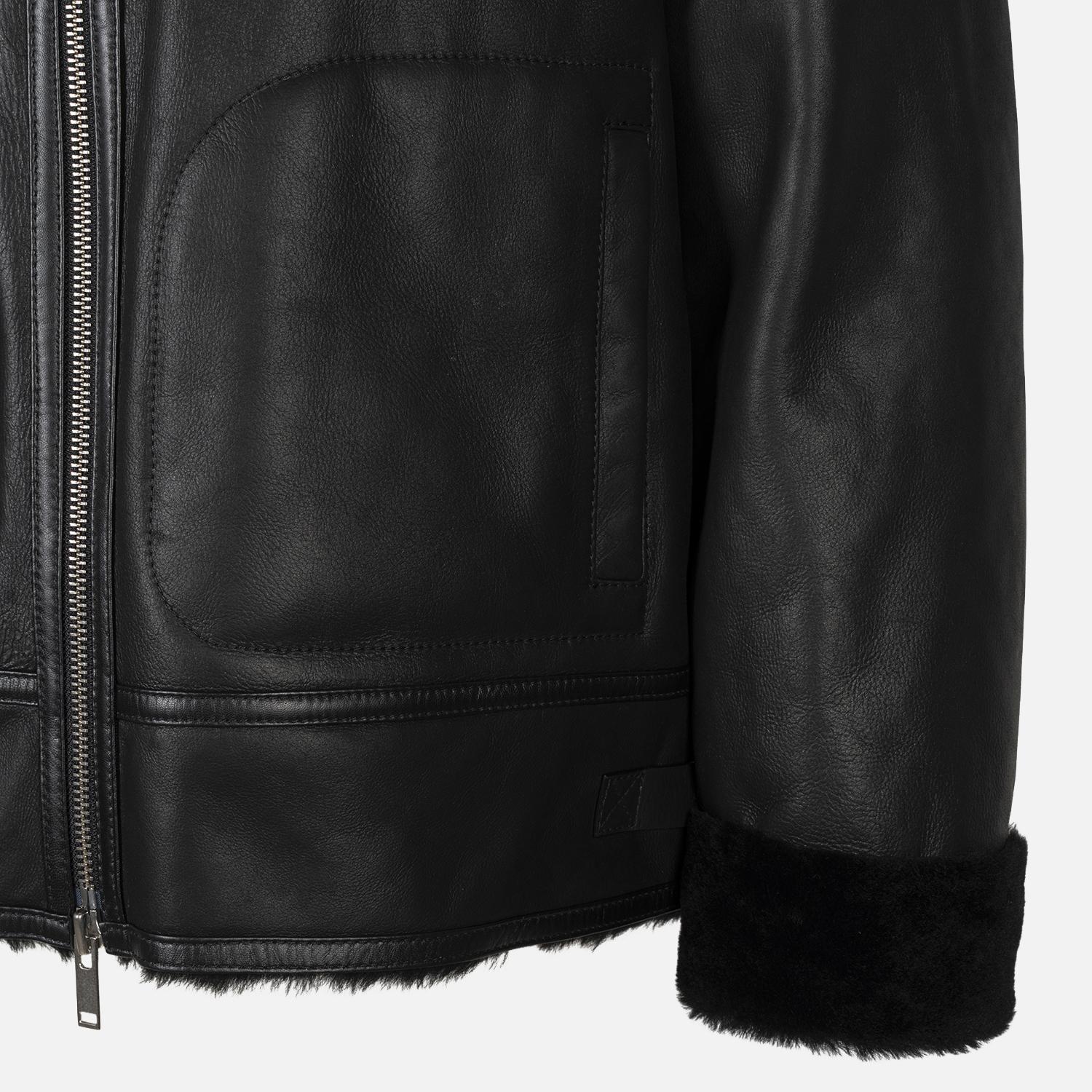 Erkek Siyah Gömlek Yakalı Deri Kürk Mont