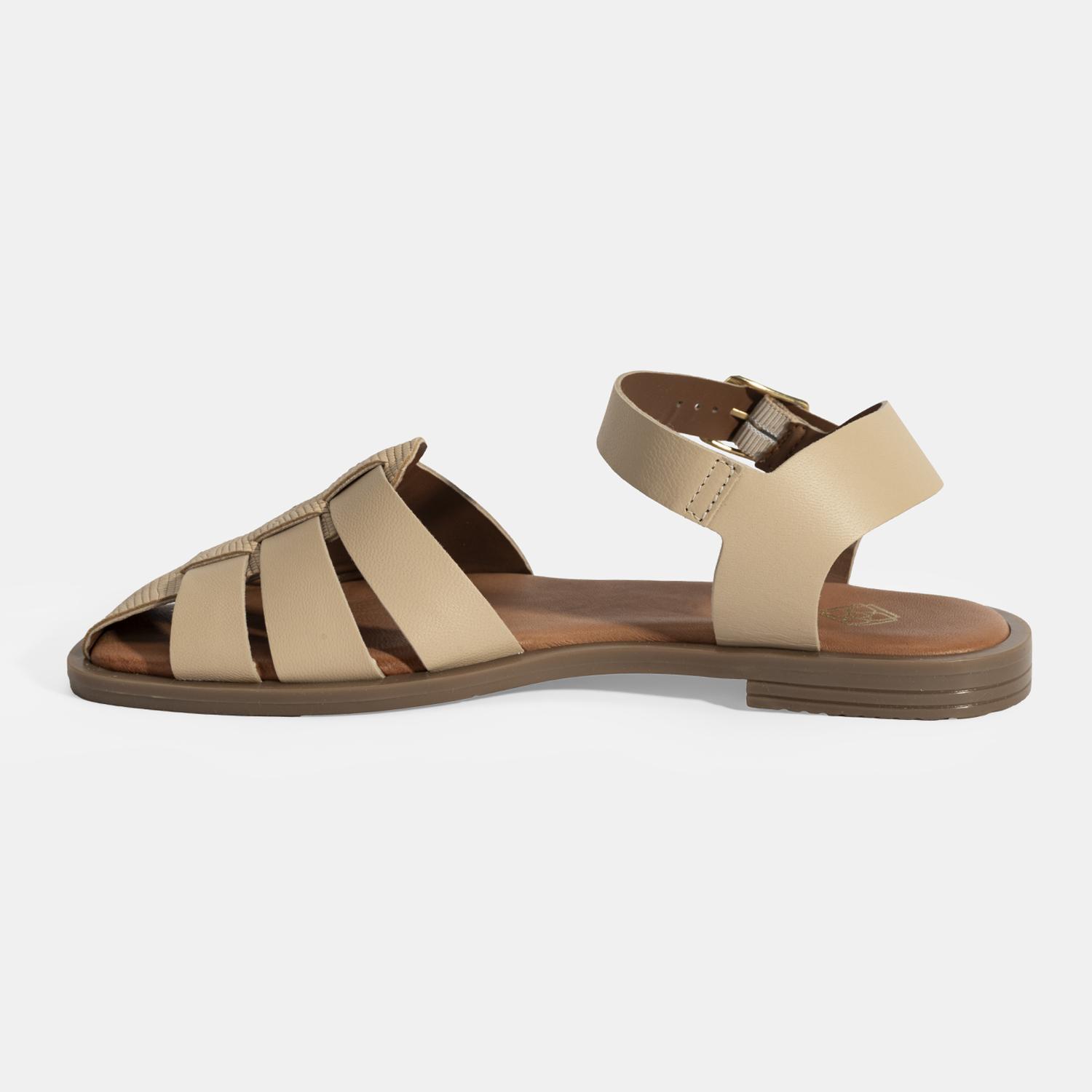 Kadın Bej Ayarlanabilir Tokalı Deri Sandalet