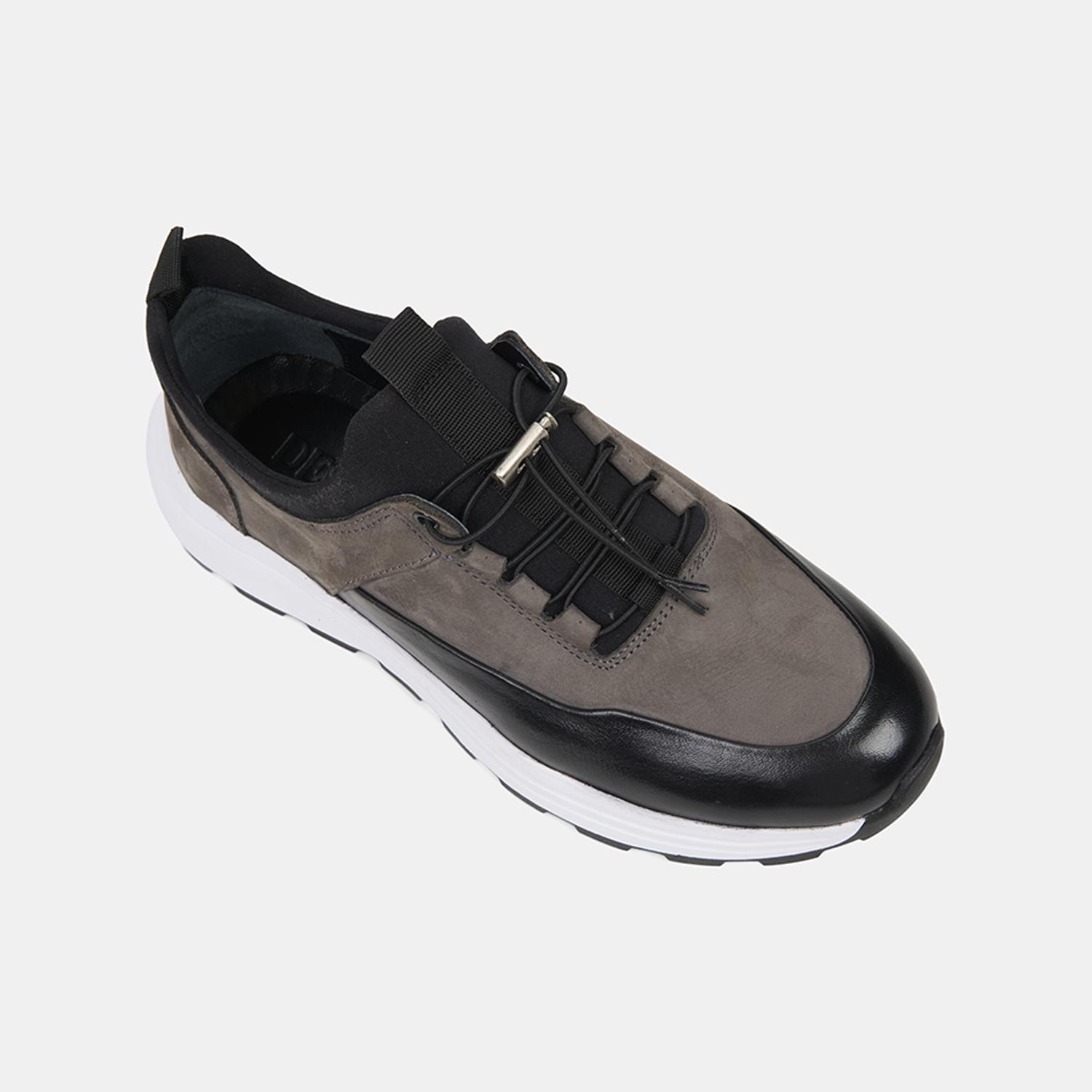 Erkek Siyah Lastik Bağcıklı Kalın Tabanlı Deri Sneaker