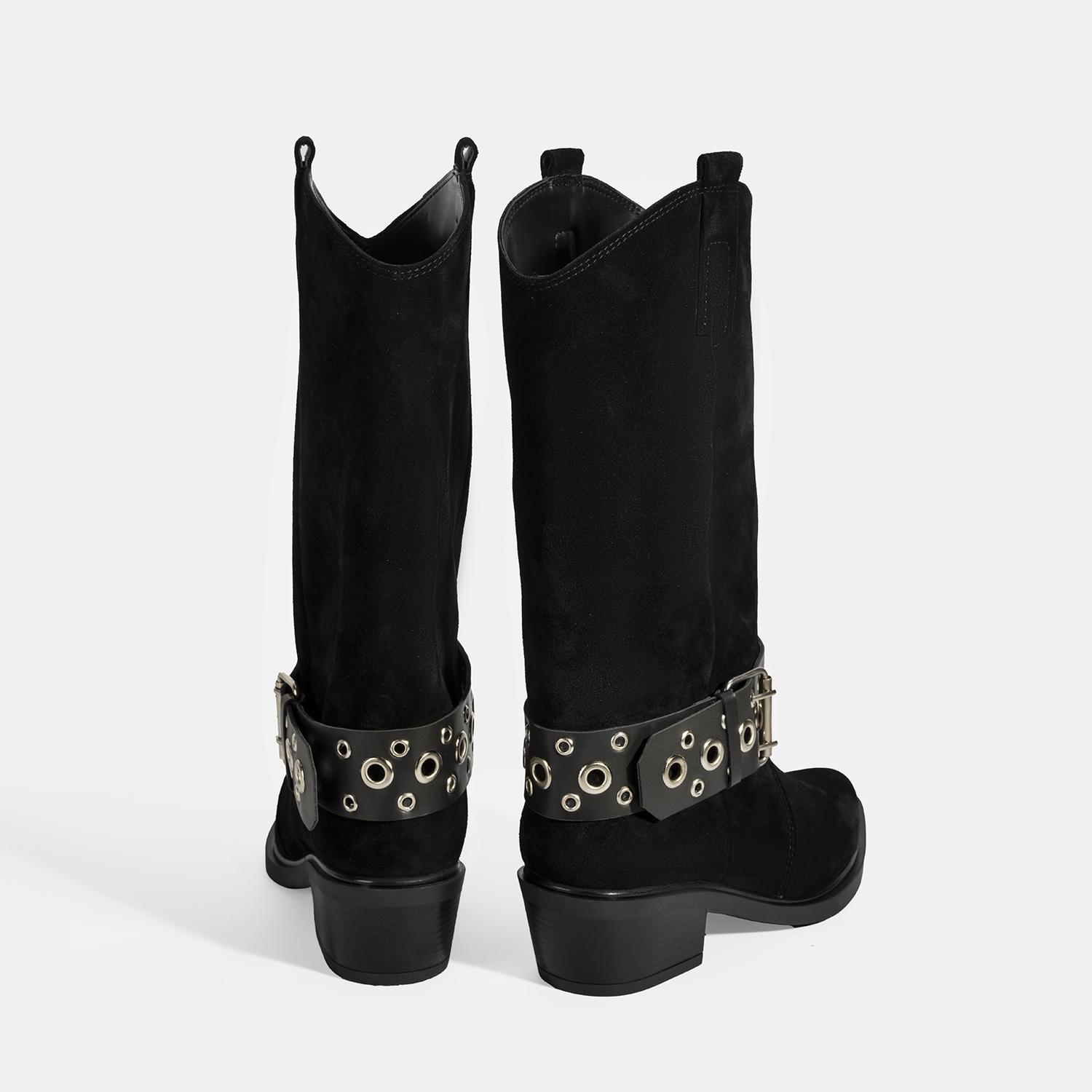 Kadın Siyah Ayarlanabilir Kemer Aksesuarlı Süet Bot