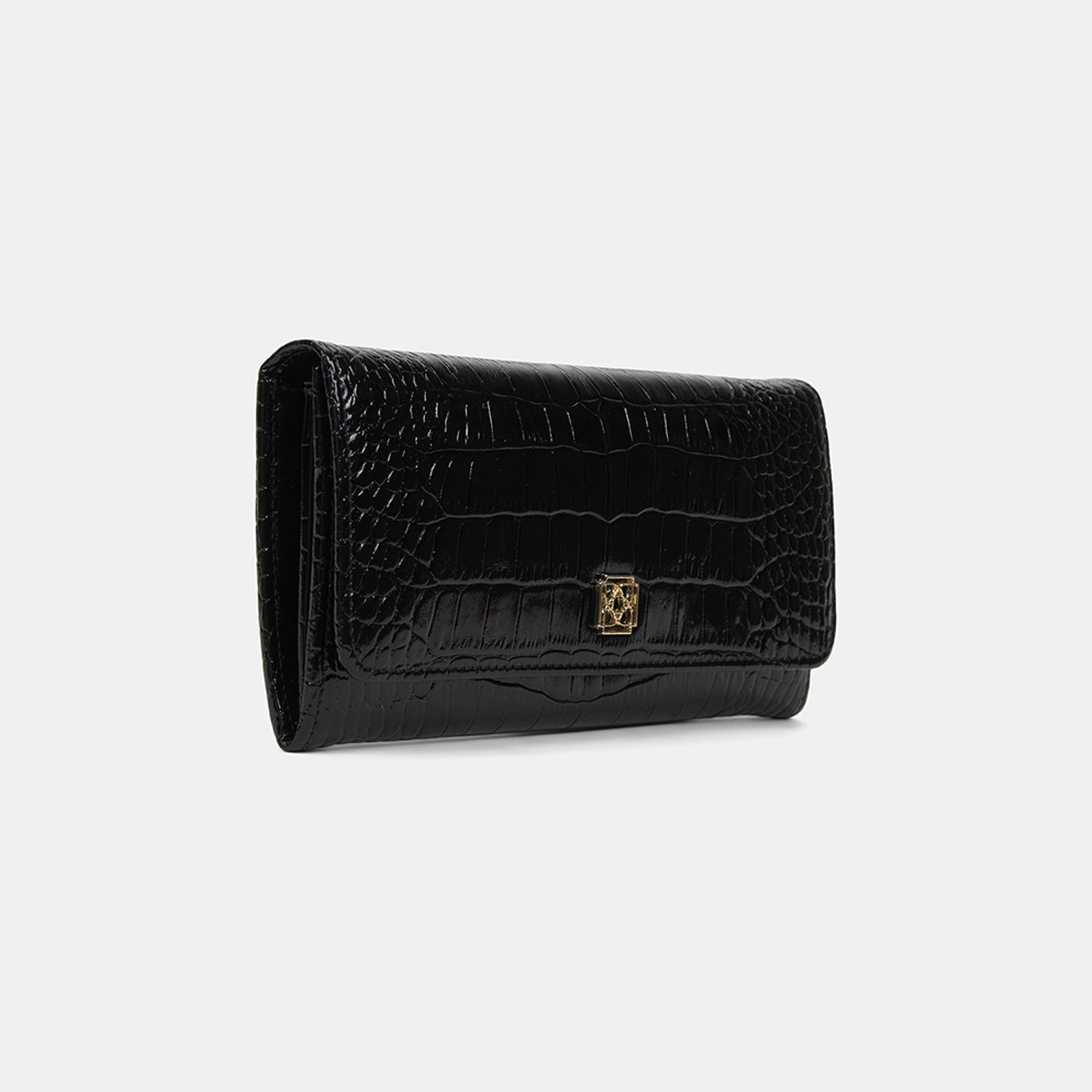 Kadın Siyah Kroko Baskılı Kapaklı Deri Cüzdan