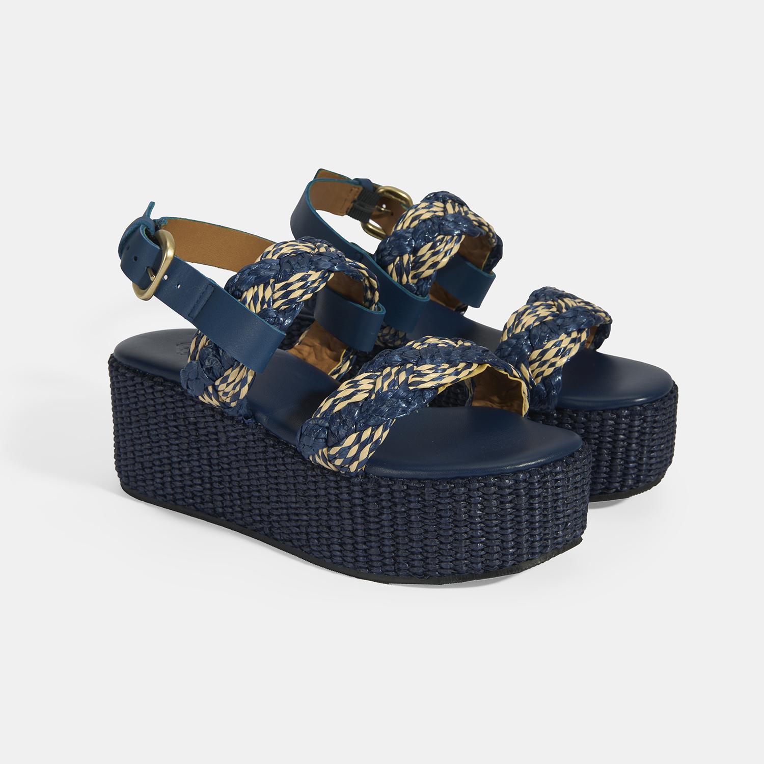 Kadın Lacivert Ayarlanabilir Tokalı Hasır Detaylı Sandalet