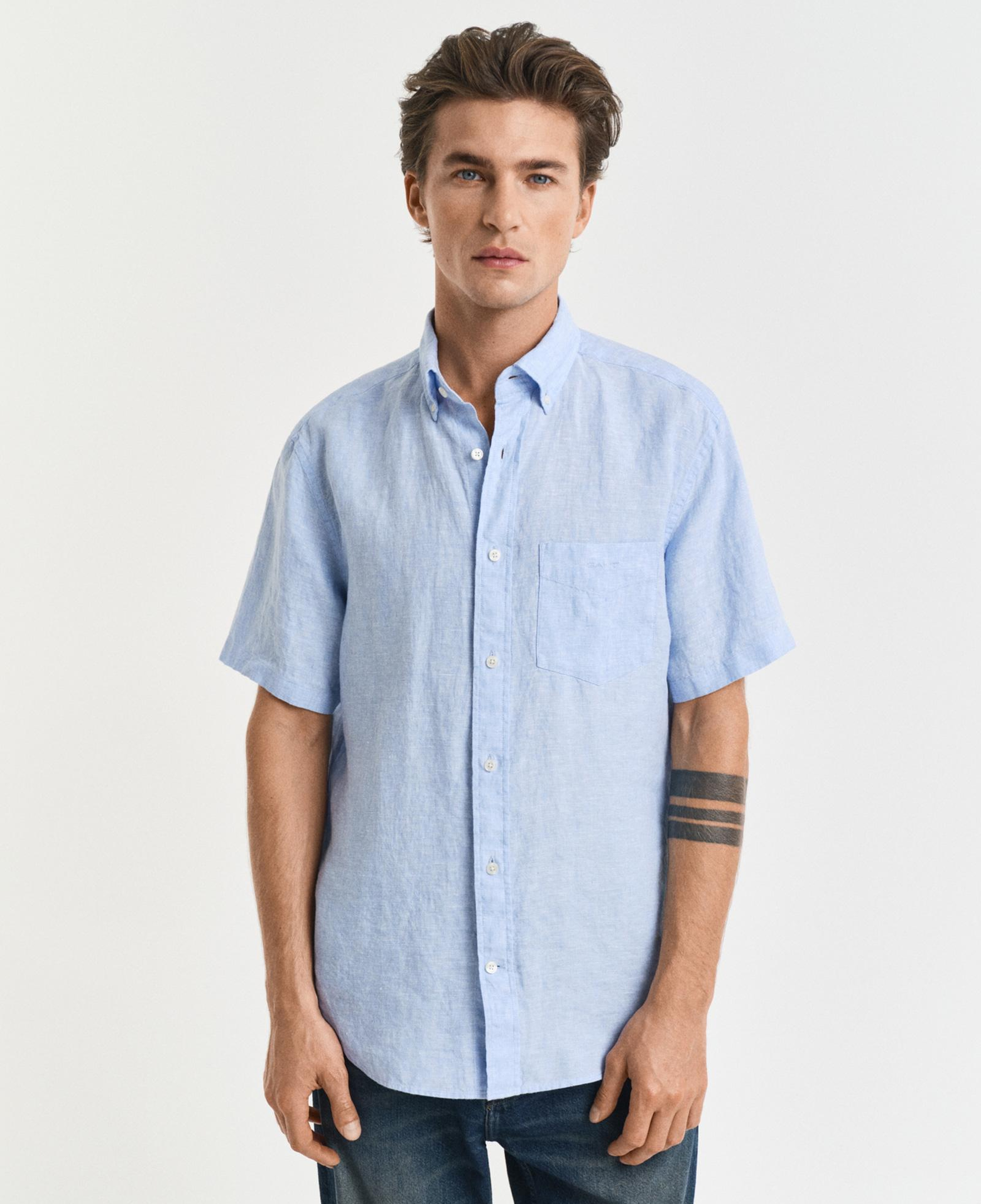 GANT Erkek Mavi Regular Fit Düğmeli Yaka Keten Gömlek