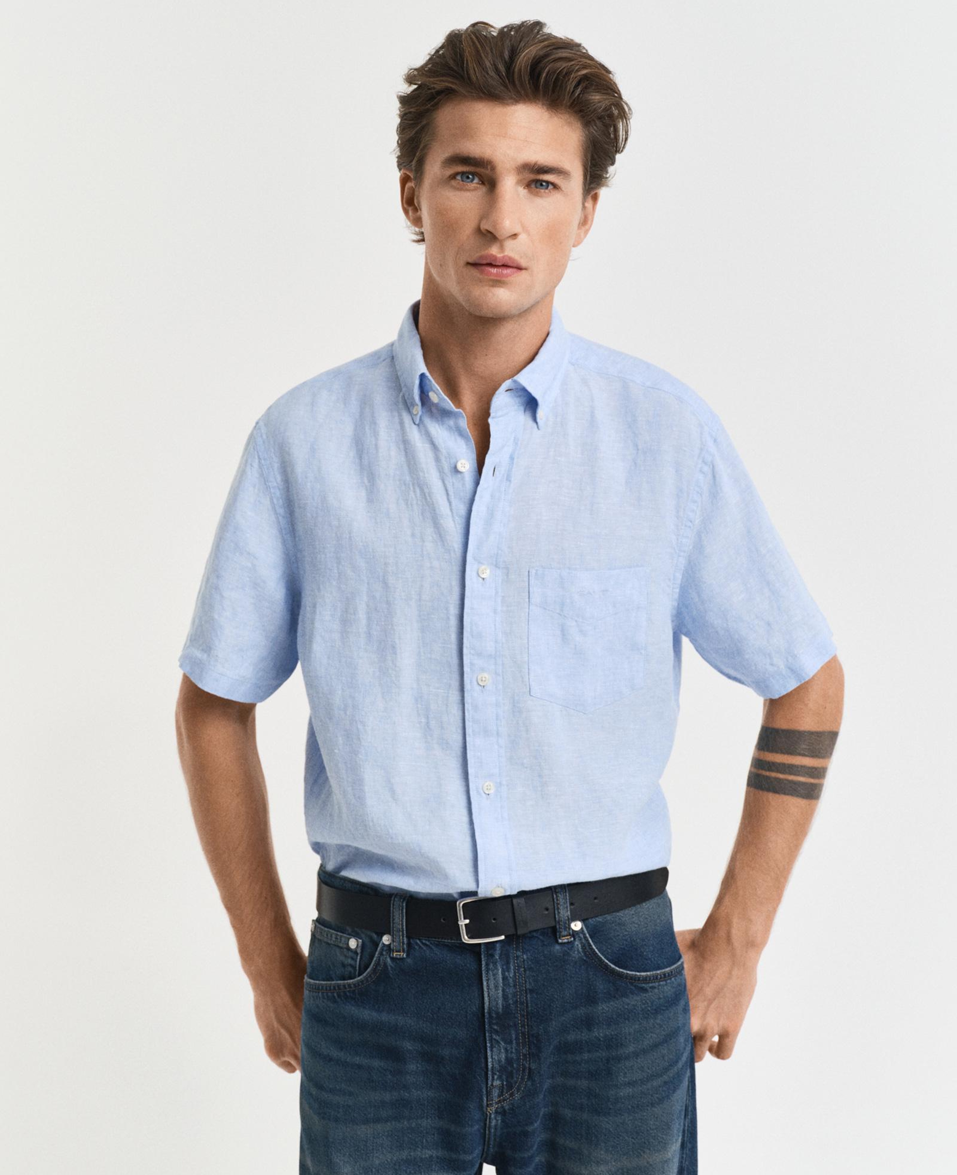 GANT Erkek Mavi Regular Fit Düğmeli Yaka Keten Gömlek