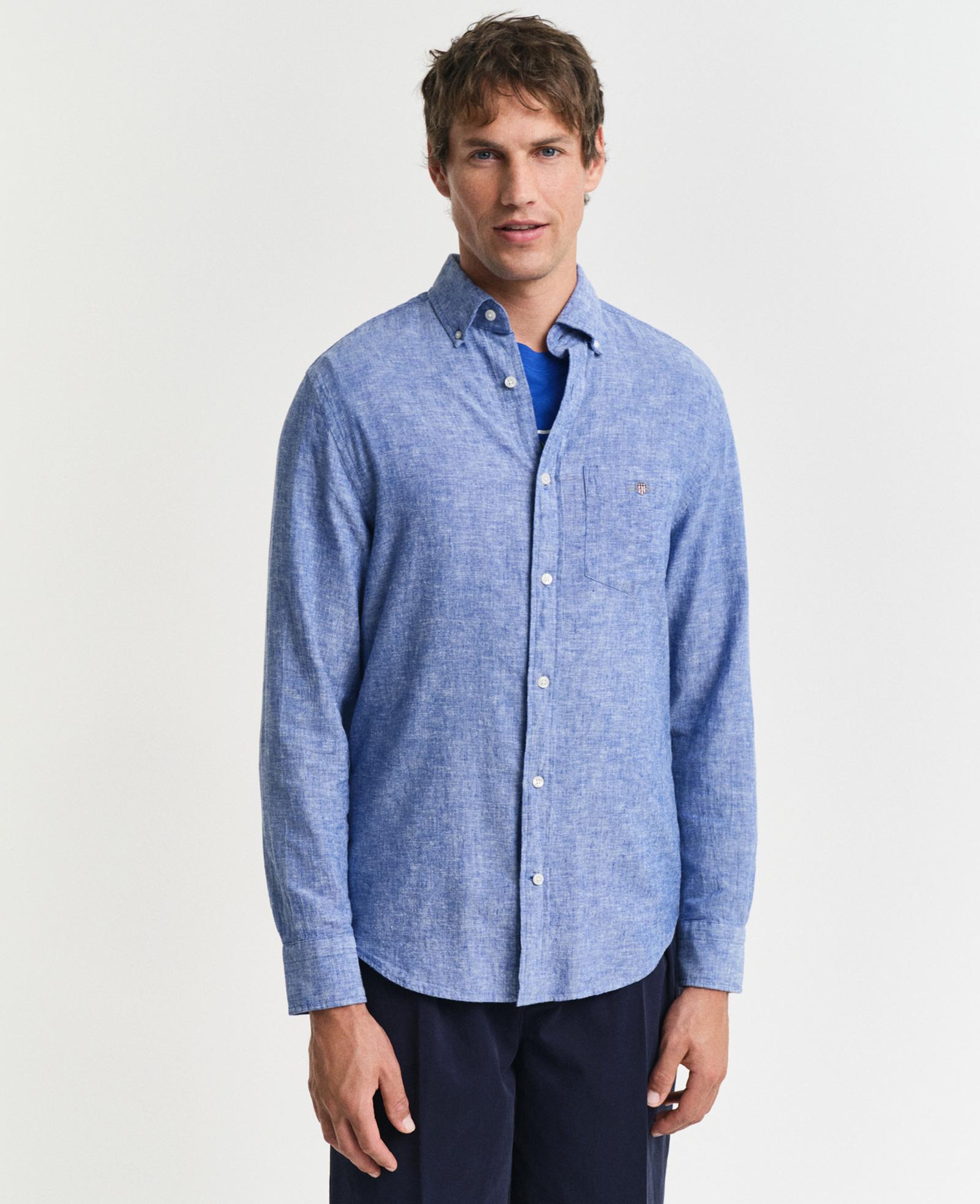 GANT Erkek Lacivert Regular Fit Düğmeli Yaka Keten Gömlek