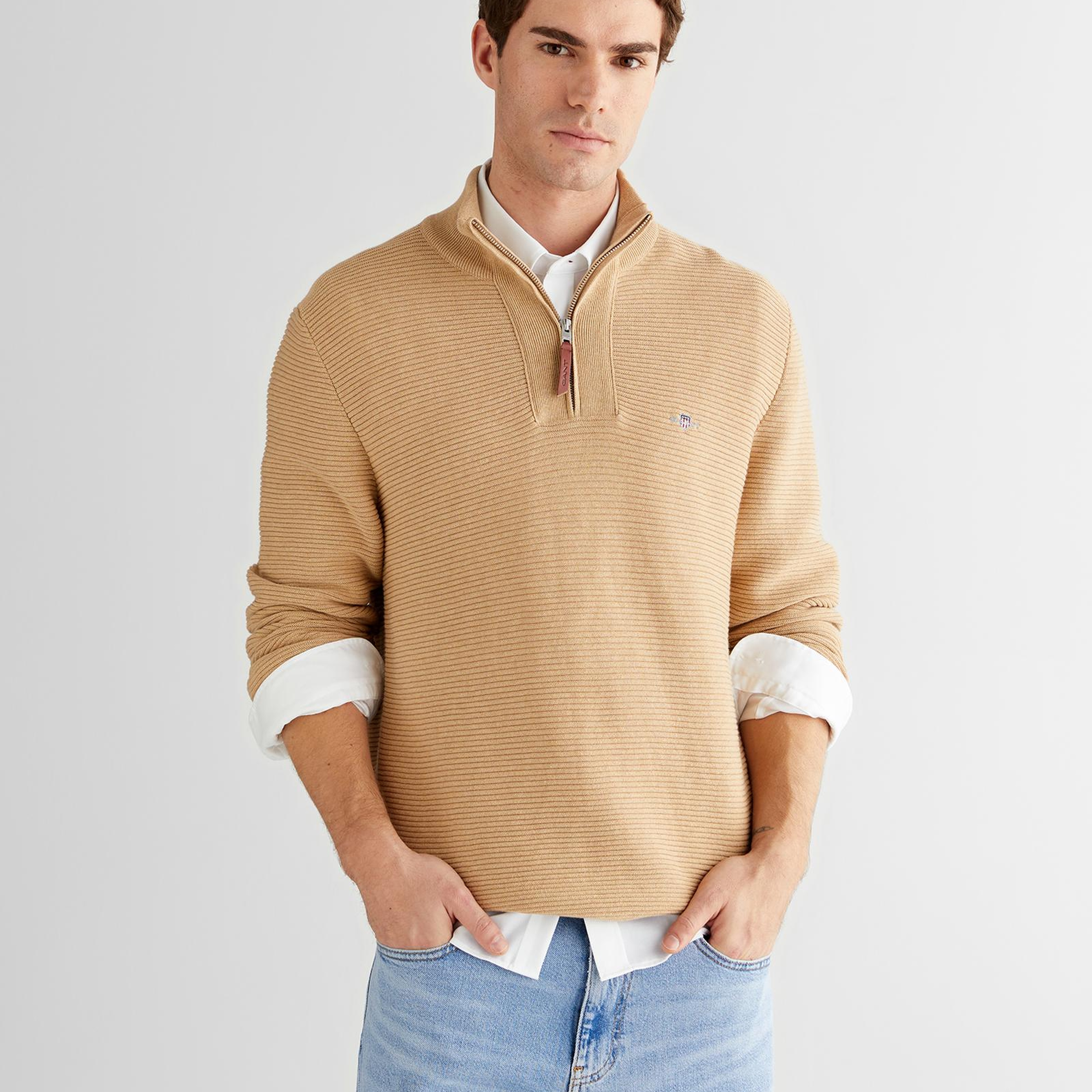 GANT Erkek Bej Regular Fit Yarım Fermuarlı Triko