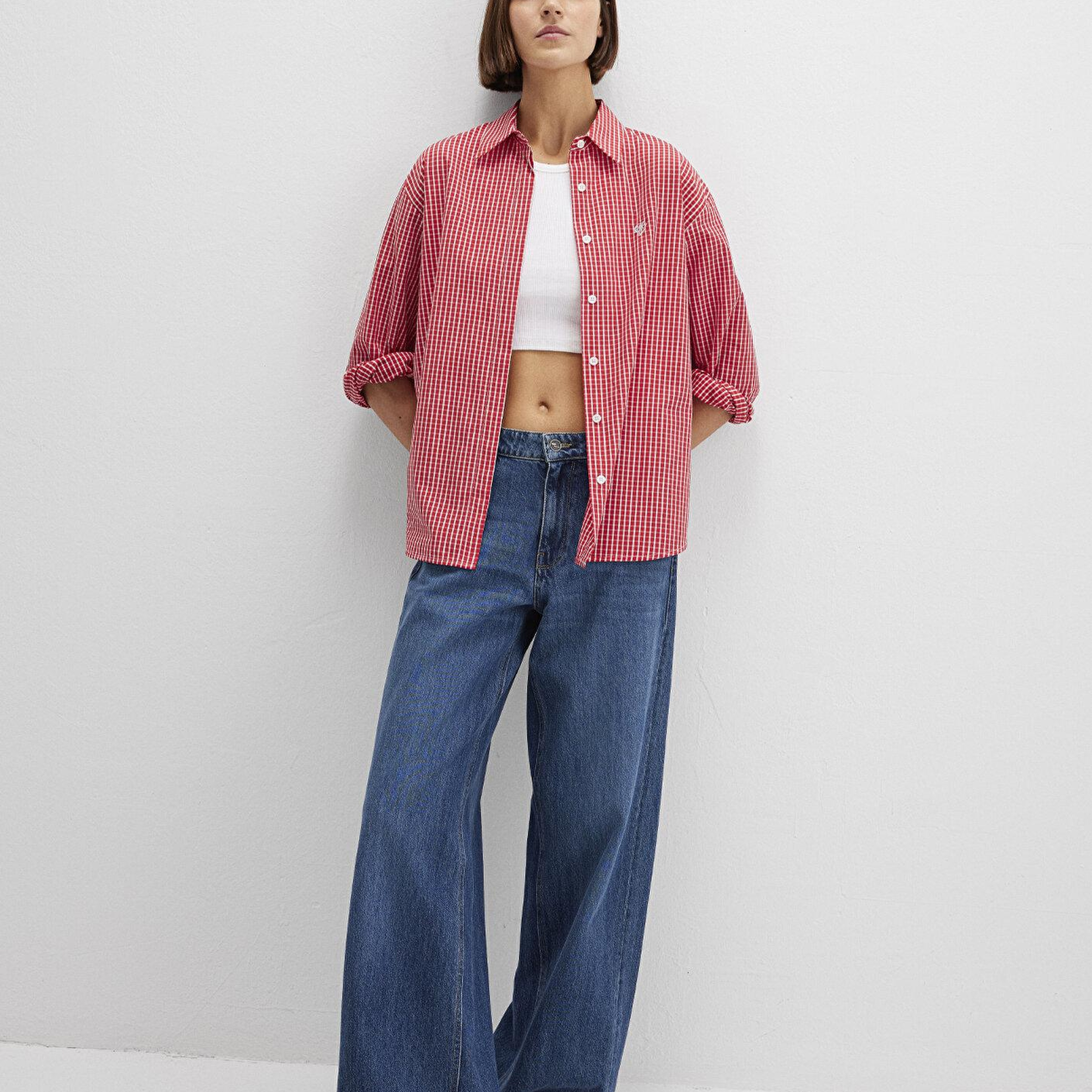 Mavi Pötikareli Kırmızı Gömlek Loose Fit / Bol Rahat Kesim 1211227-90843