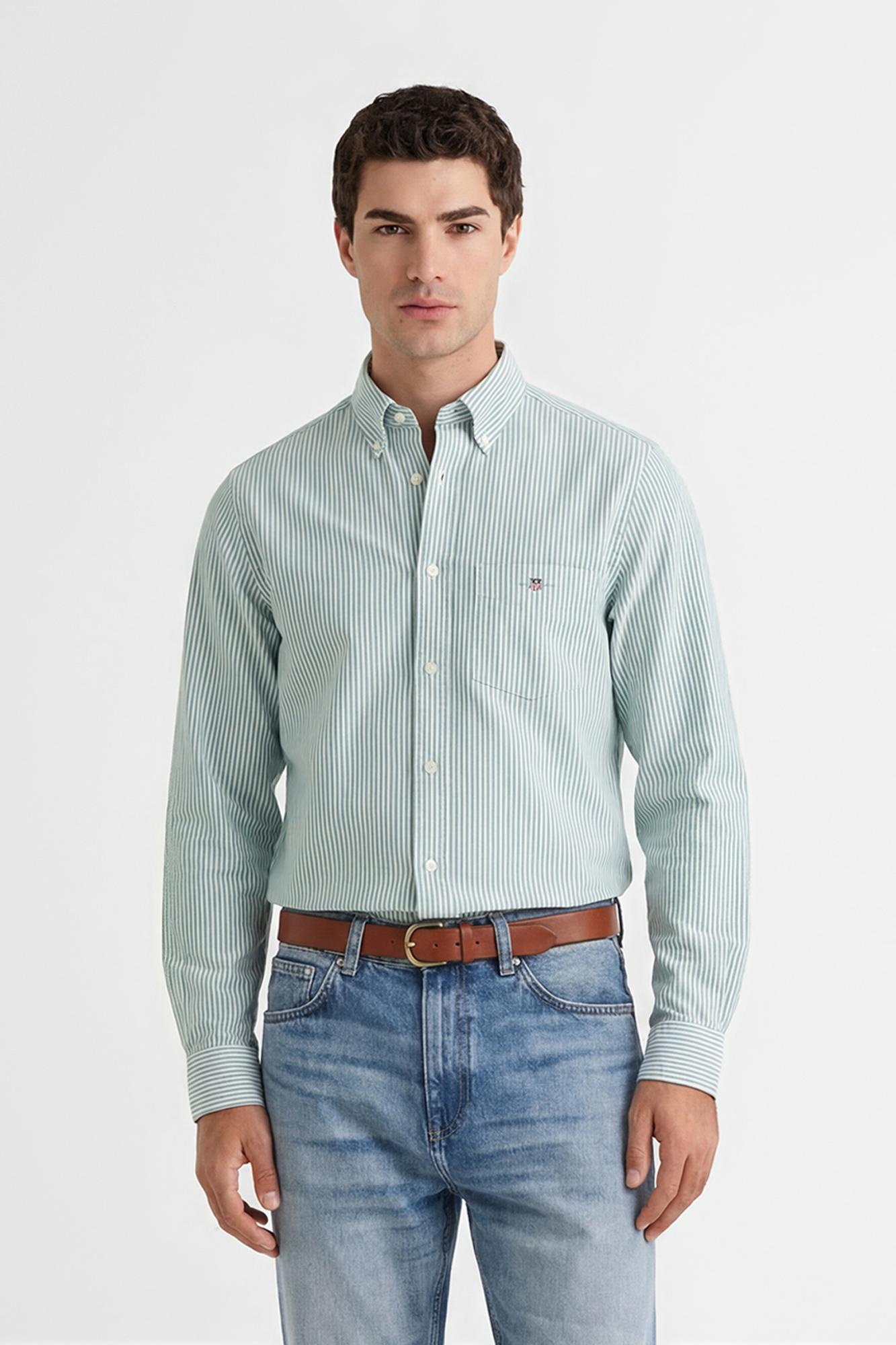 GANT Erkek Yeşil Regular Fit Çizgili Logolu Gömlek