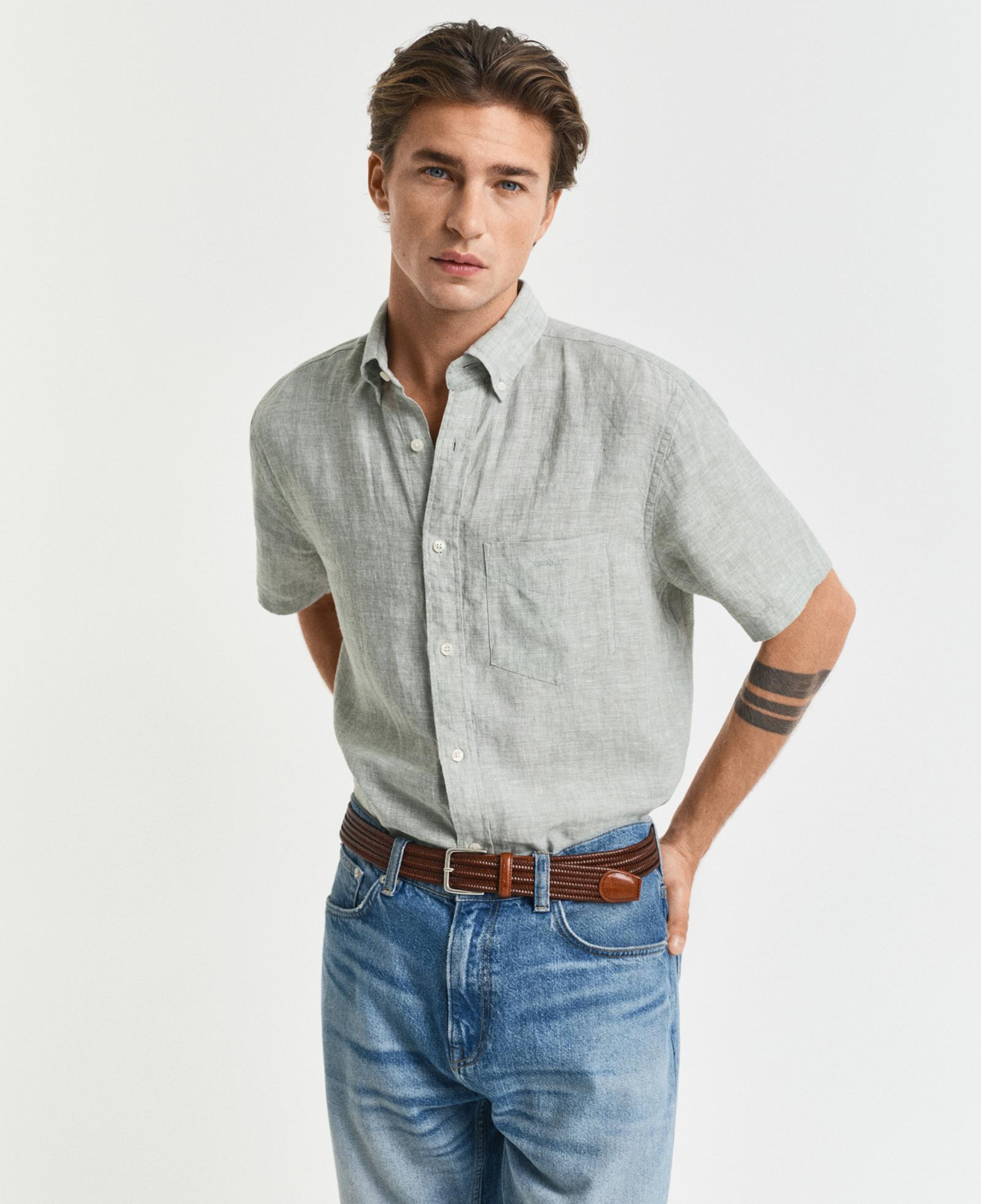 GANT Erkek Yeşil Regular Fit Düğmeli Yaka Keten Gömlek