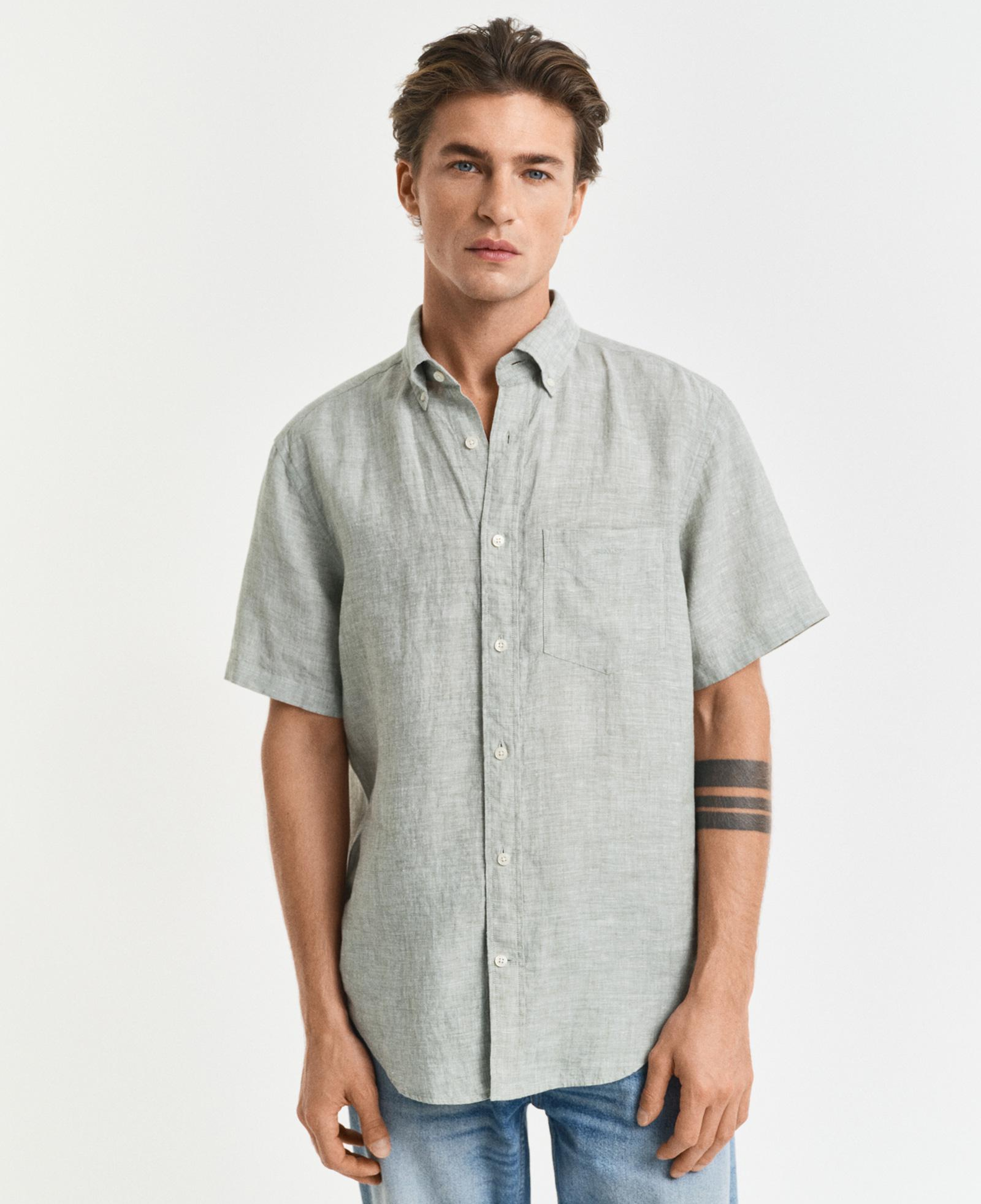 GANT Erkek Yeşil Regular Fit Düğmeli Yaka Keten Gömlek