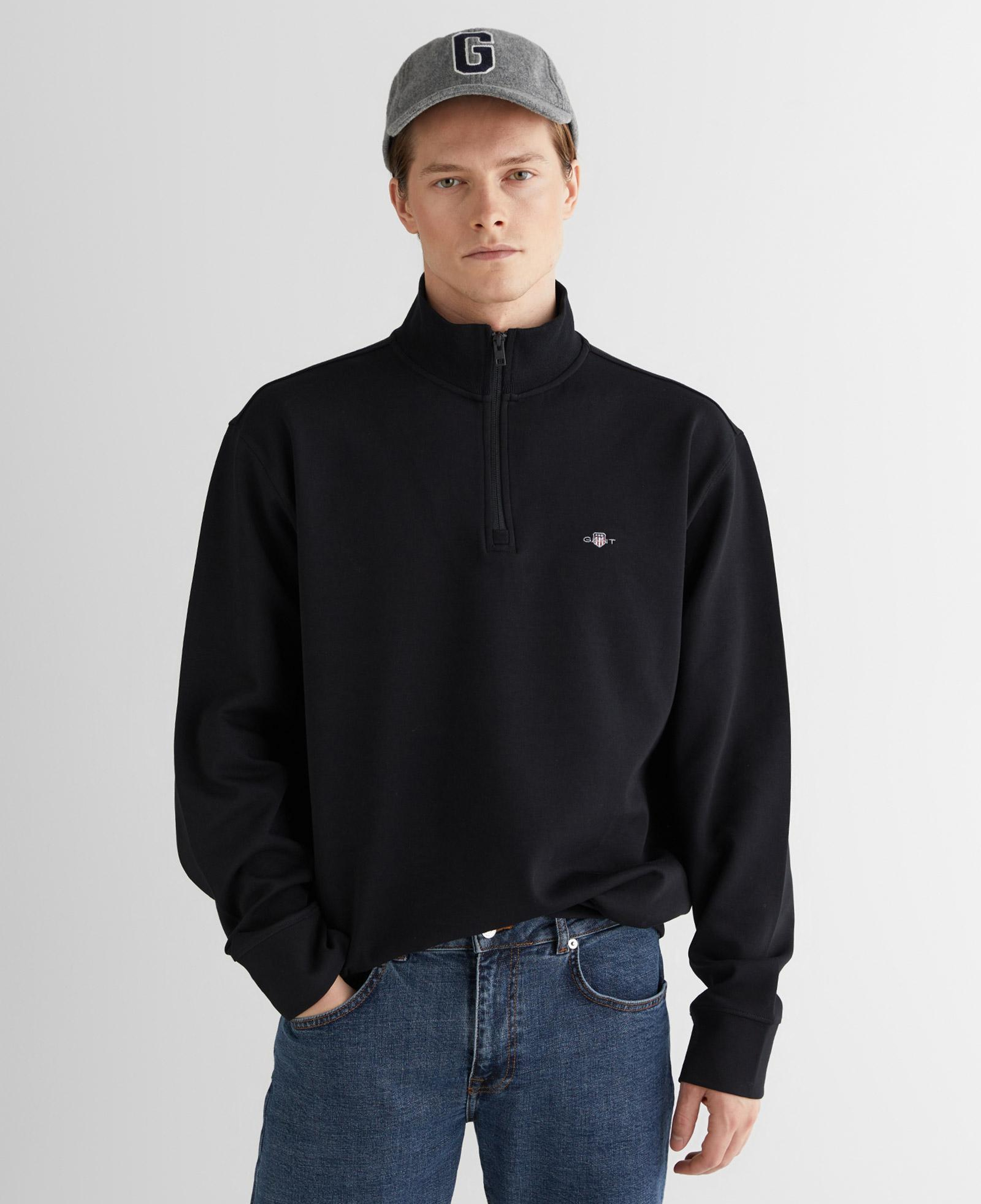 GANT Erkek Siyah Relaxed Fit Yarım Fermuarlı Sweatshirt