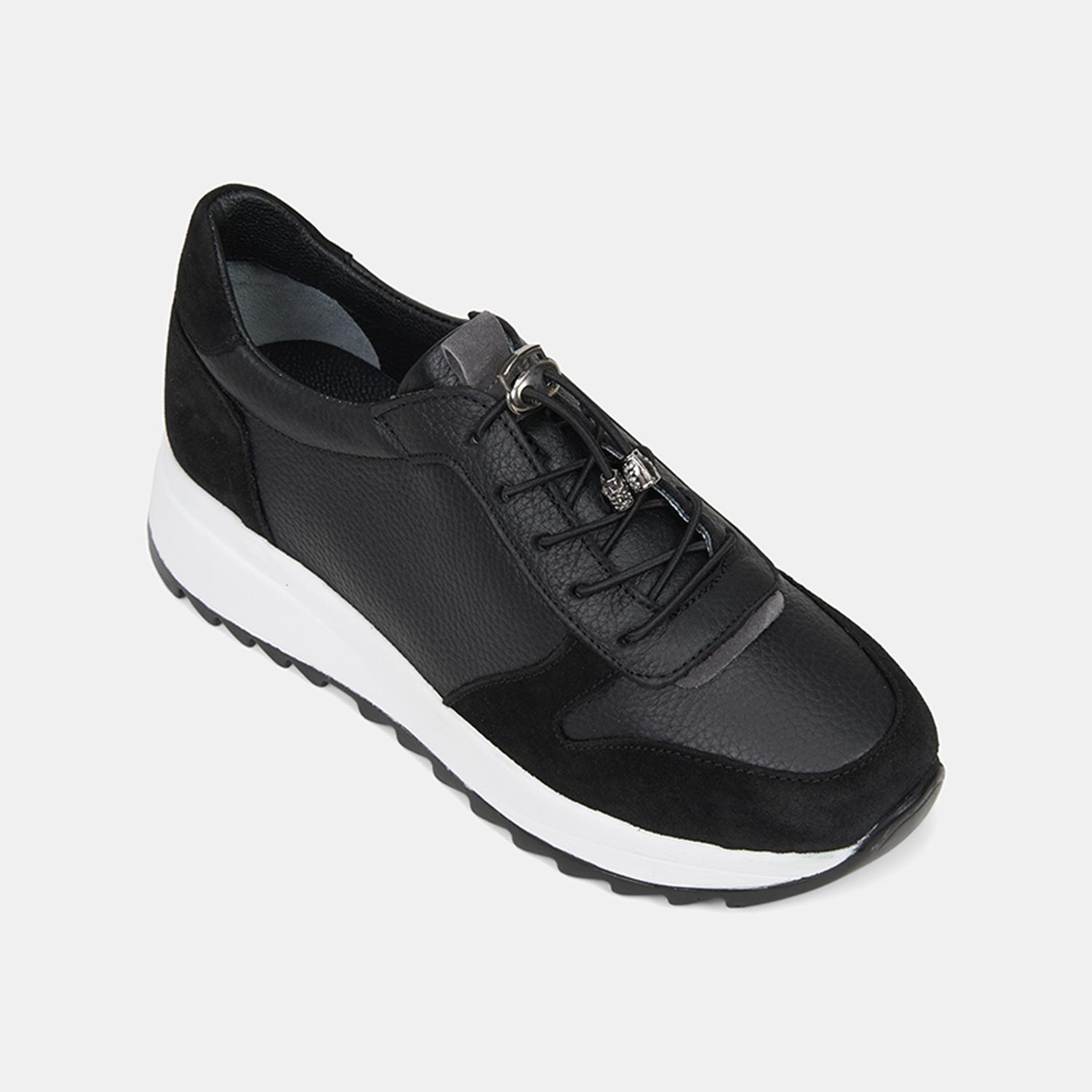 Kadın Siyah Lastik Bağcıklı Süet Dokulu Deri Spor Ayakkabı