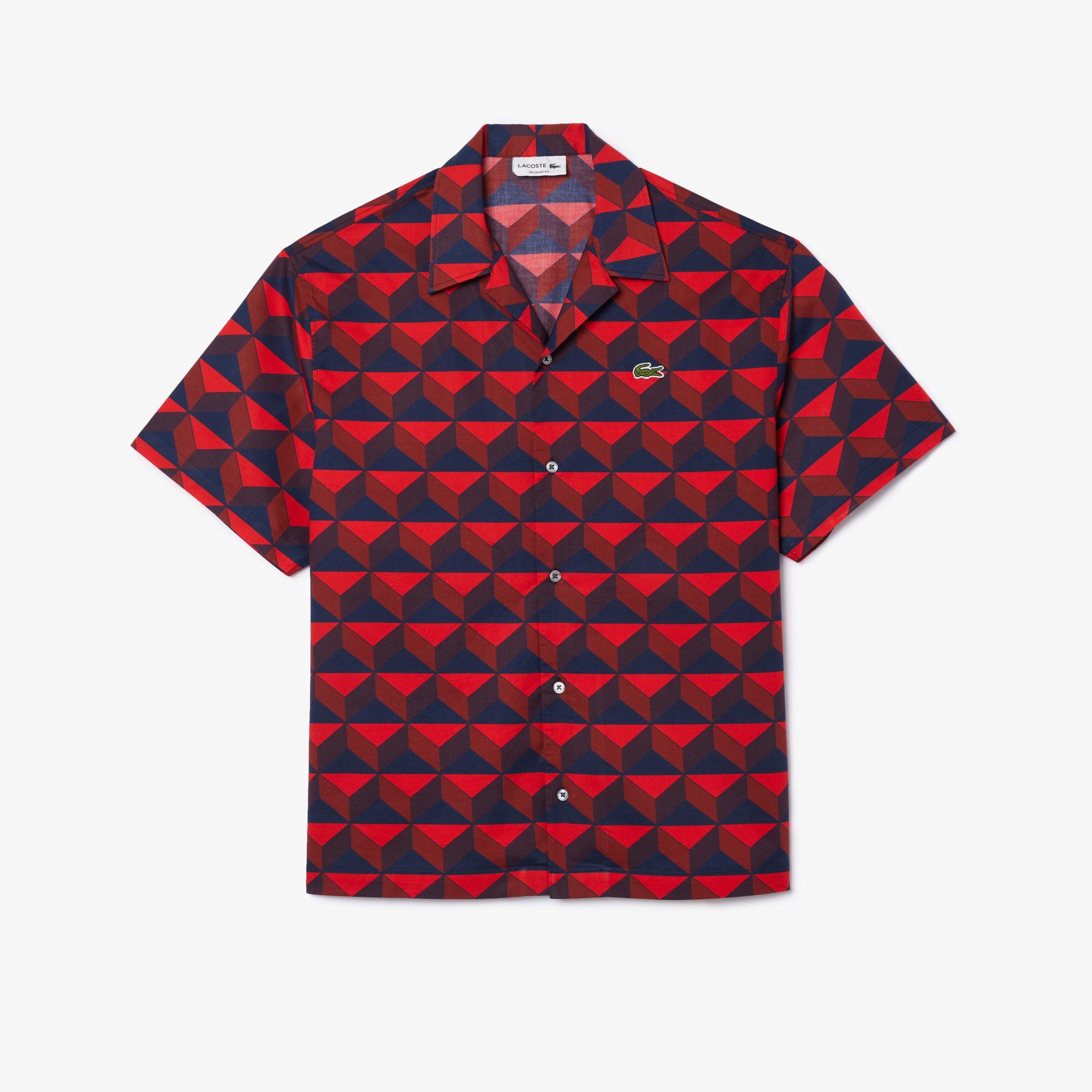 Erkek Relaxed Fit Kısa Kollu Monogram Bordo Gömlek