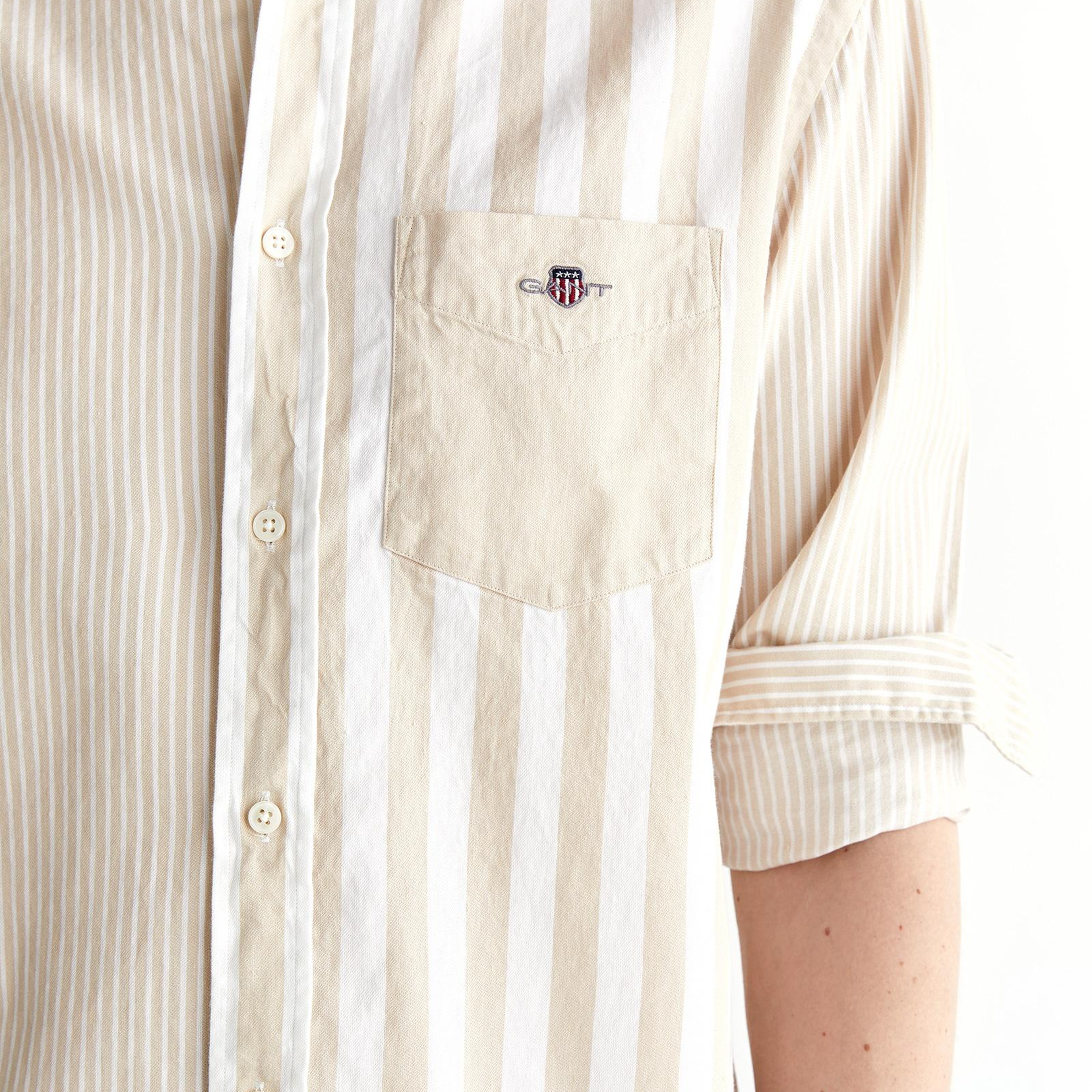 GANT Erkek Bej Regular Fit Düğmeli Yaka Çizgili Gömlek