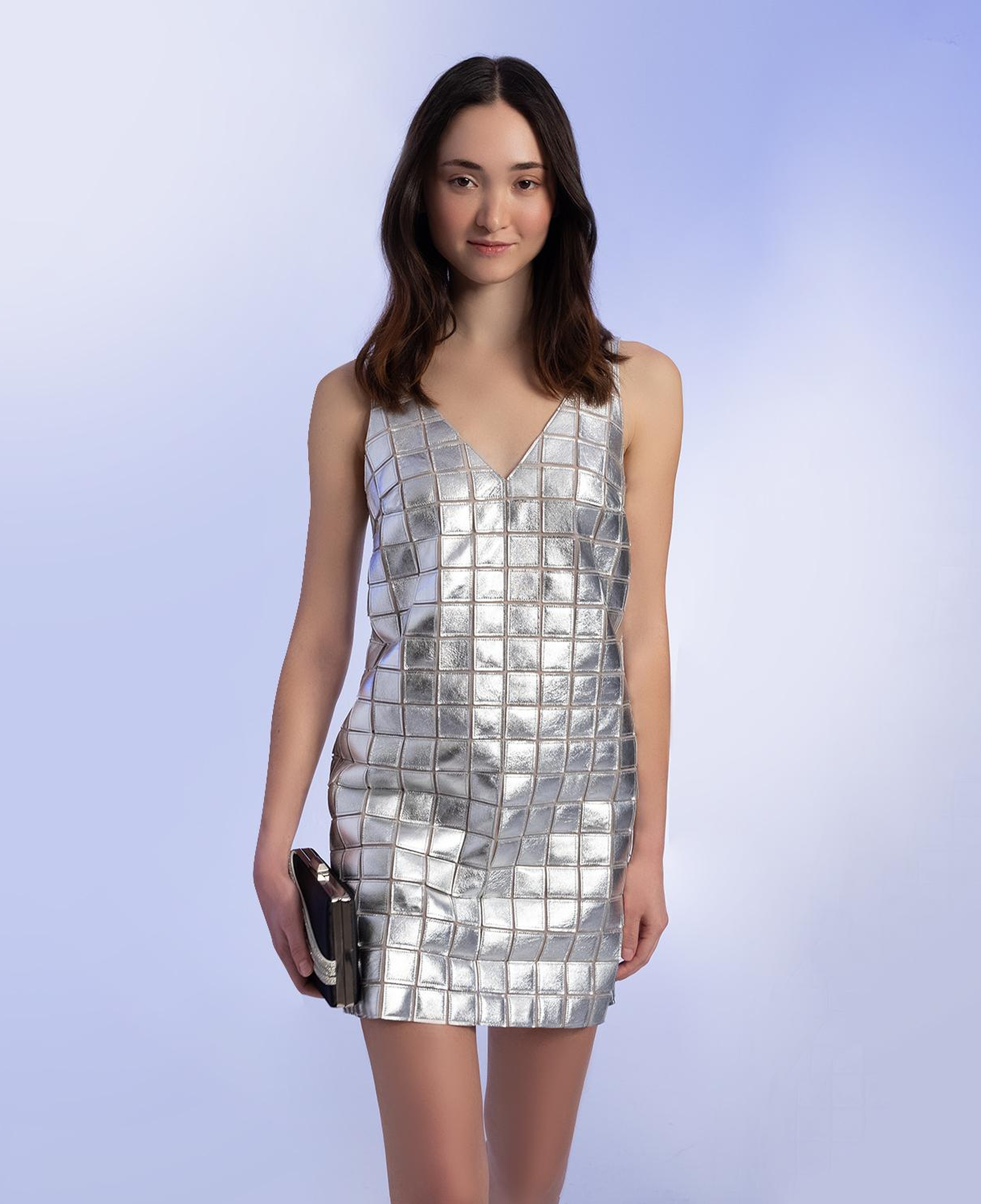 Selvaggia Gümüş Kadın Panelli Deri Elbise