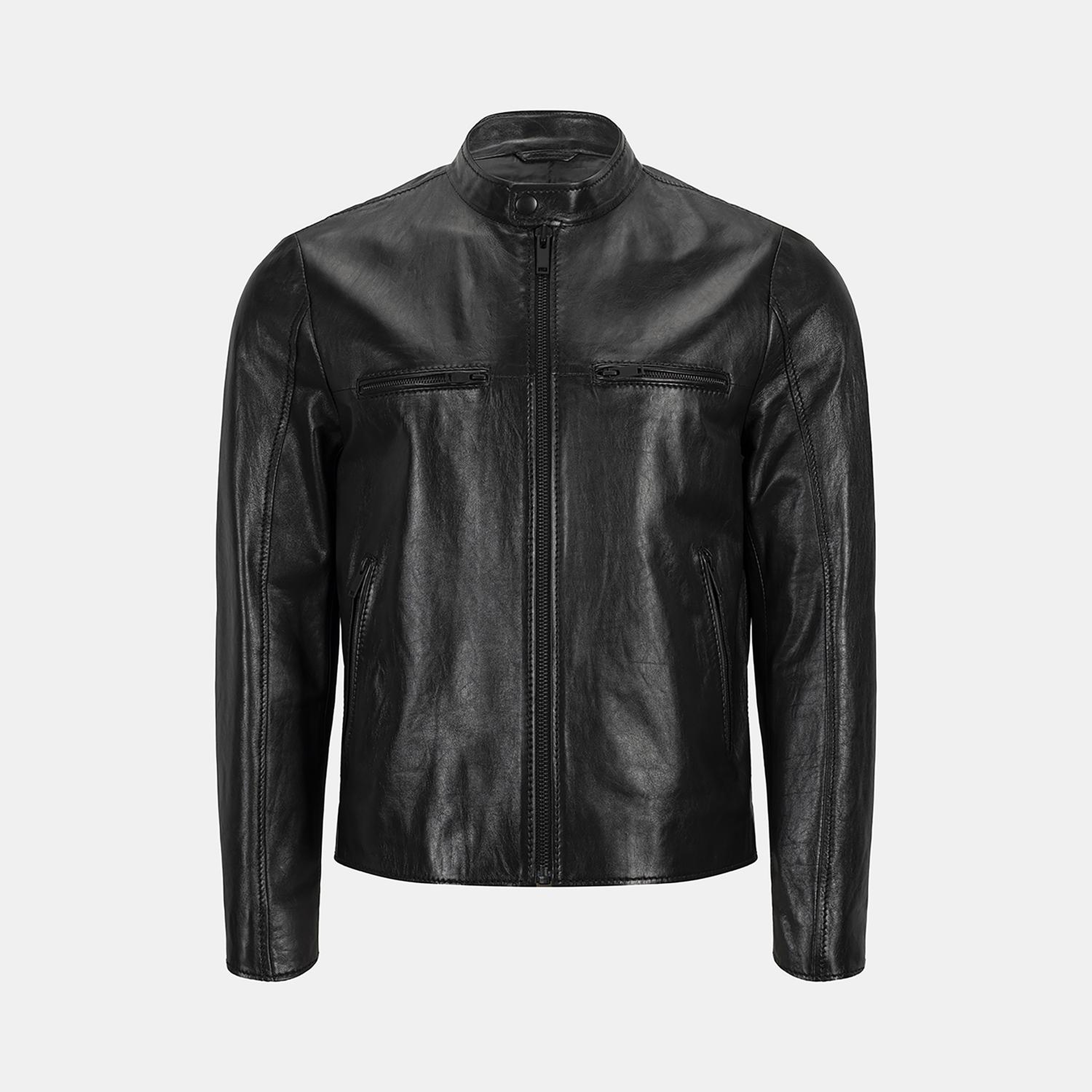 Erkek Siyah Hakim Yakalı Fit Deri Ceket