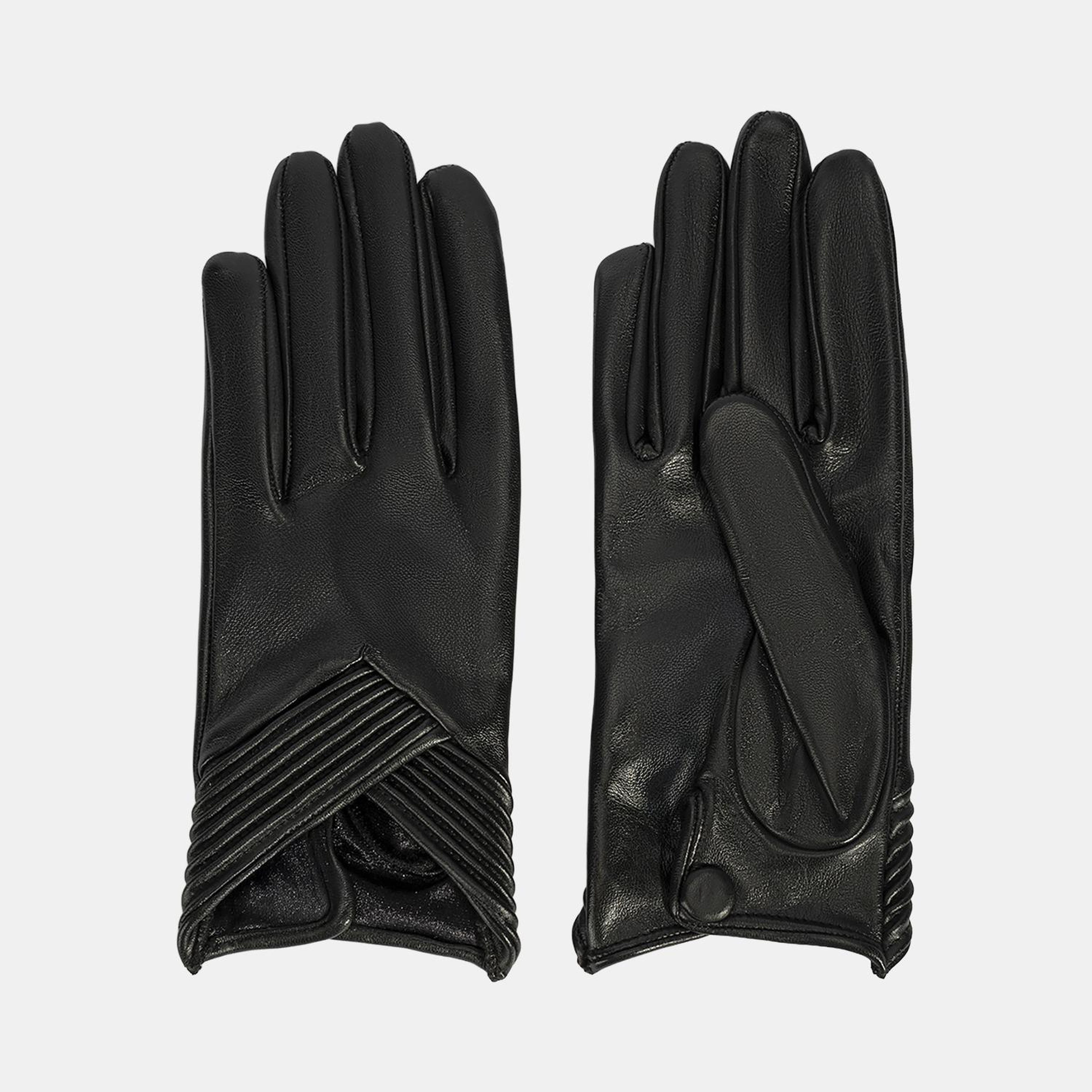 Kadın Siyah Lastik Detaylı Deri Eldiven