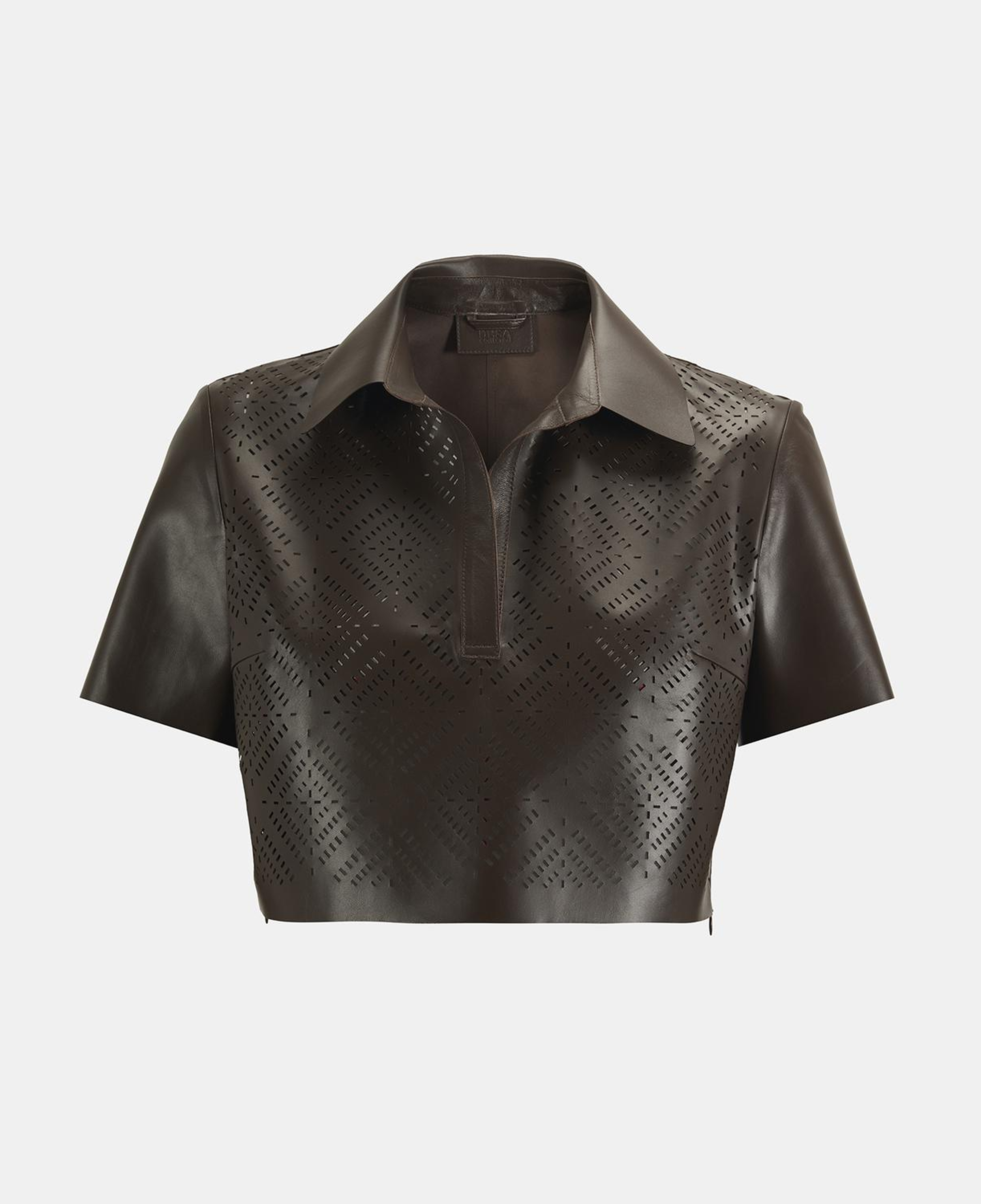Kadın Kahve Lazer Kesimli Kısa Perforeli Deri Gömlek