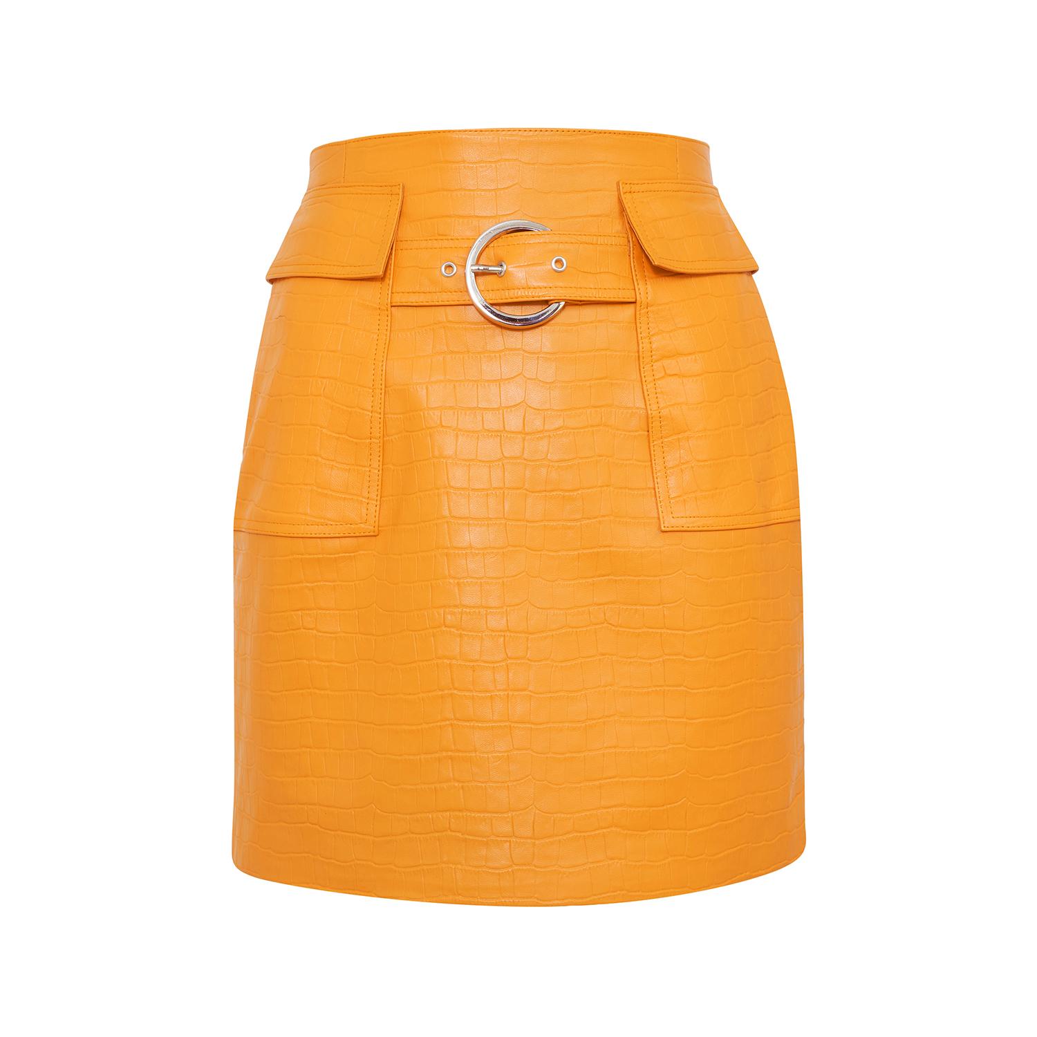 Gulielma Turuncu Kadın Kroko Baskılı Deri Mini Etek