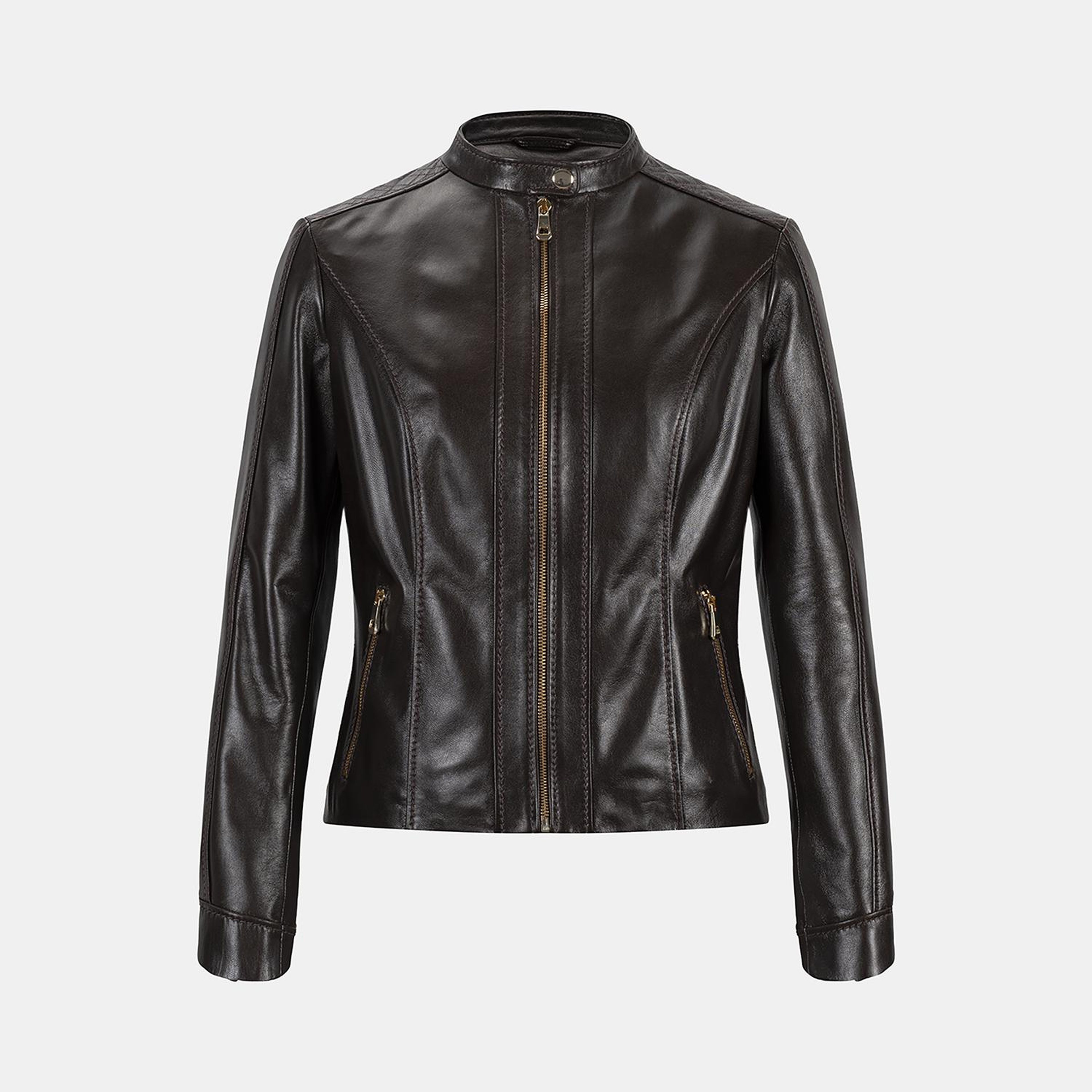 Kadın Koyu Kahve Hakim Yakalı Fit Deri Ceket