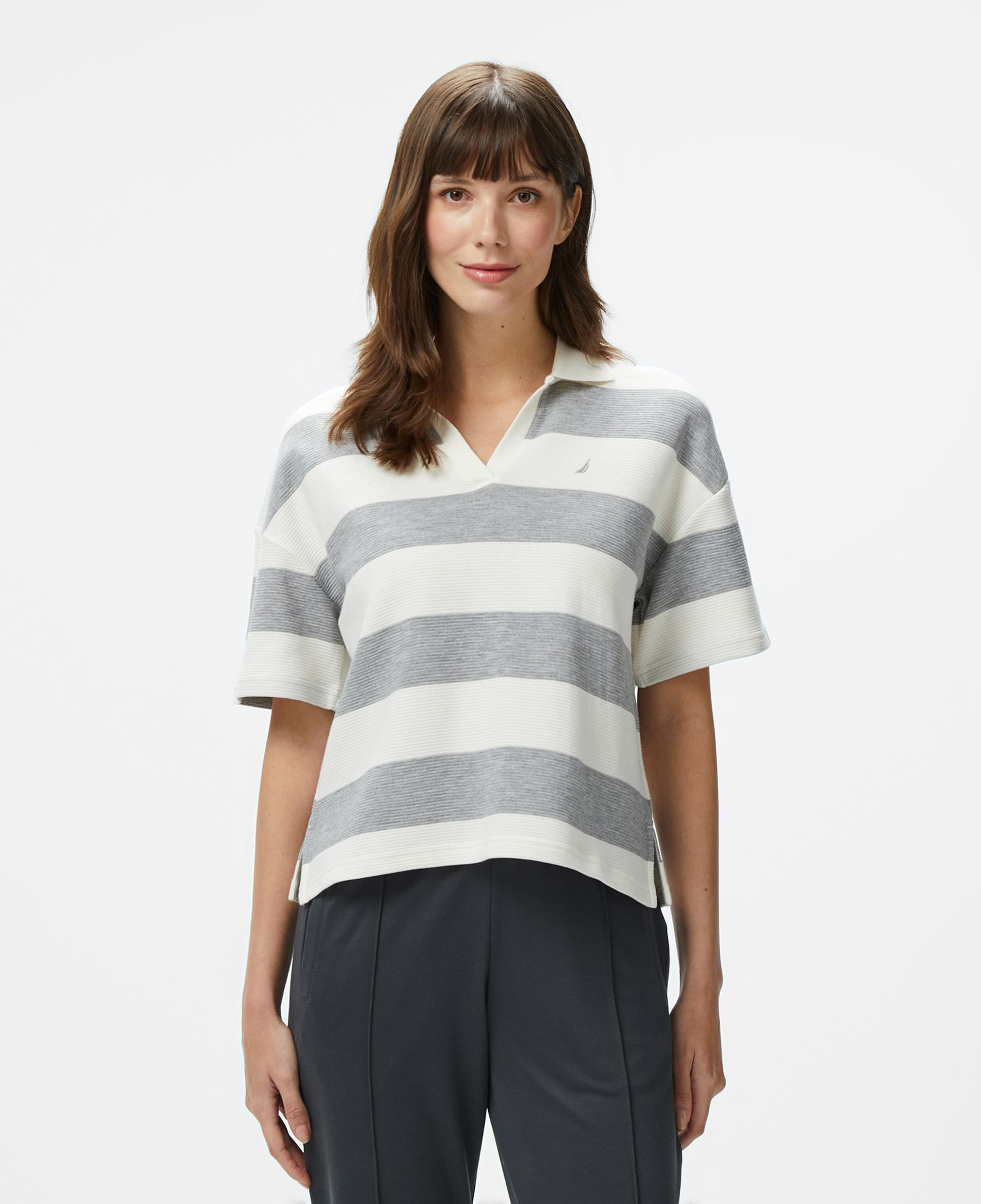Nautica Kadın Gri Regular Fit Çizgili Polo Yaka T-Shirt