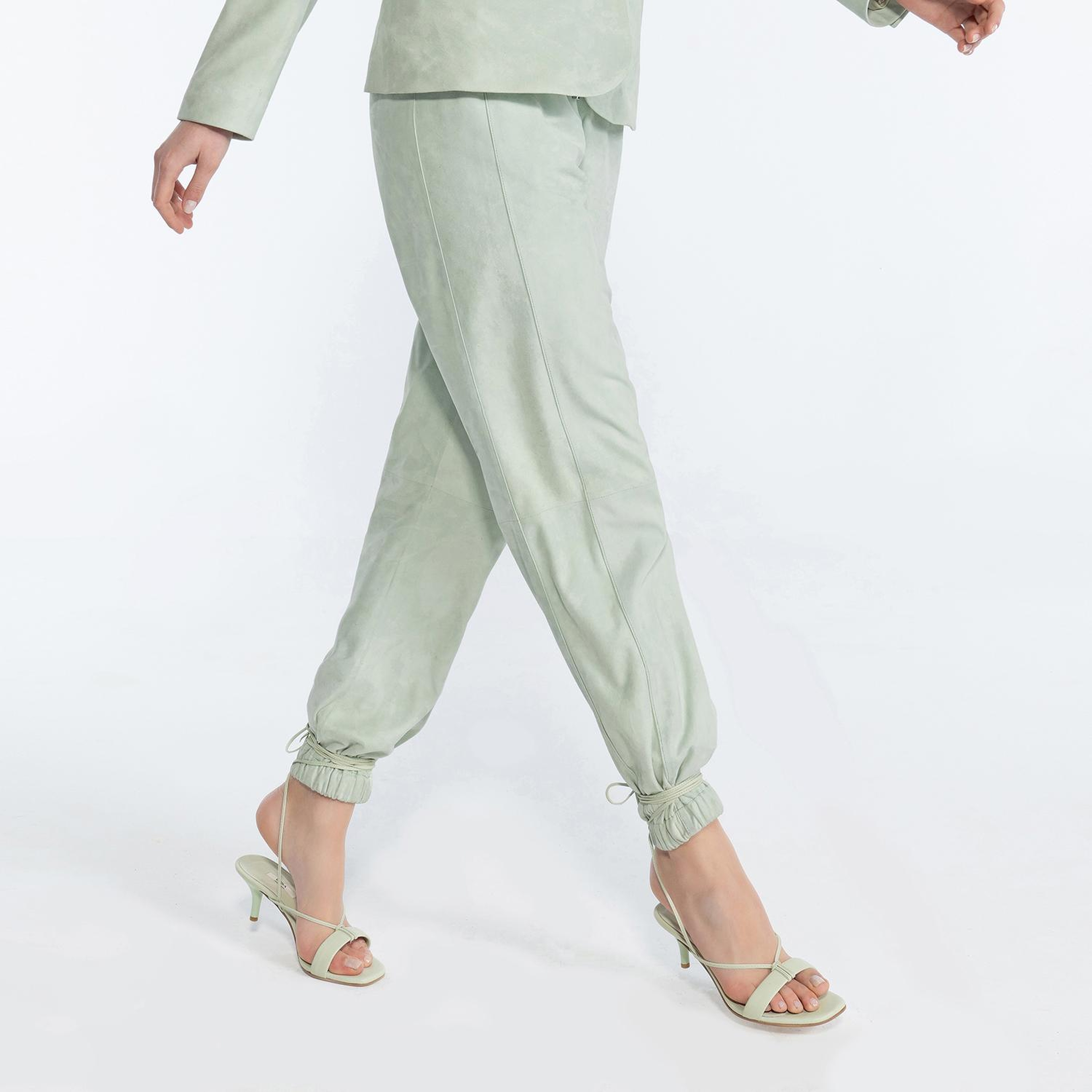 Tekla Yeşil Kadın Yüksek Bel Süet Jogging Deri Pantolon