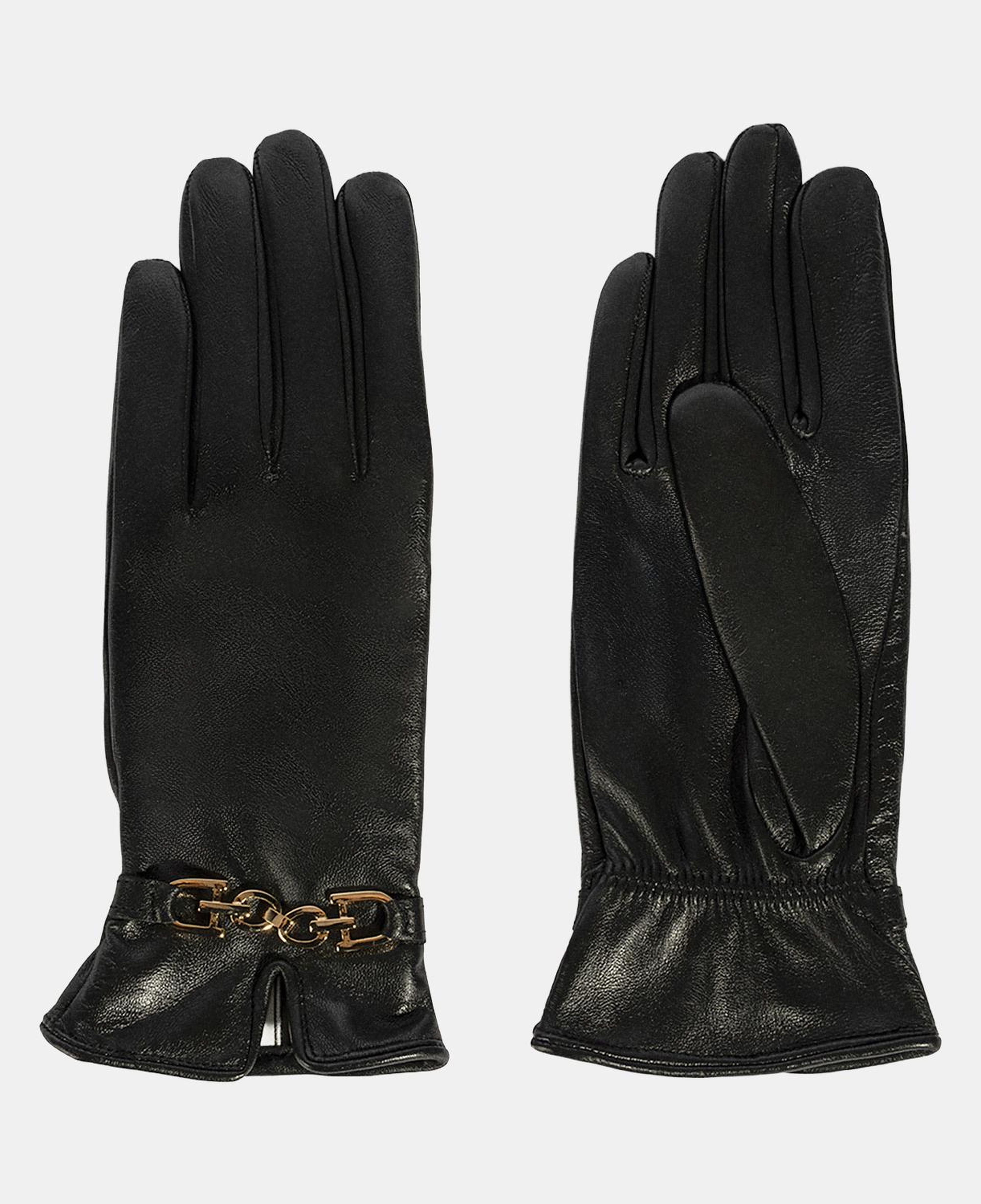Kadın Siyah Zincir Aksesuarlı Deri Eldiven