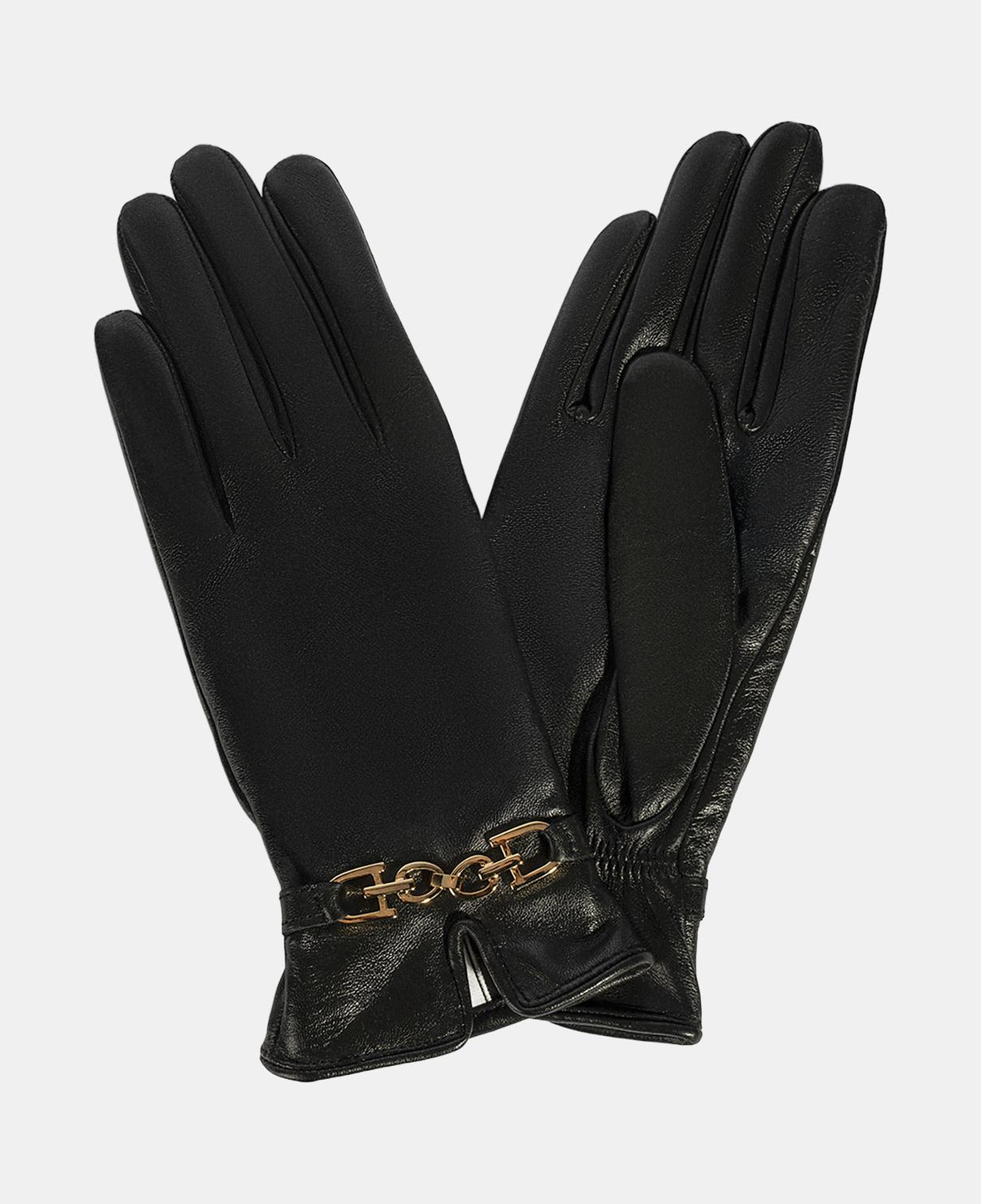 Kadın Siyah Zincir Aksesuarlı Deri Eldiven
