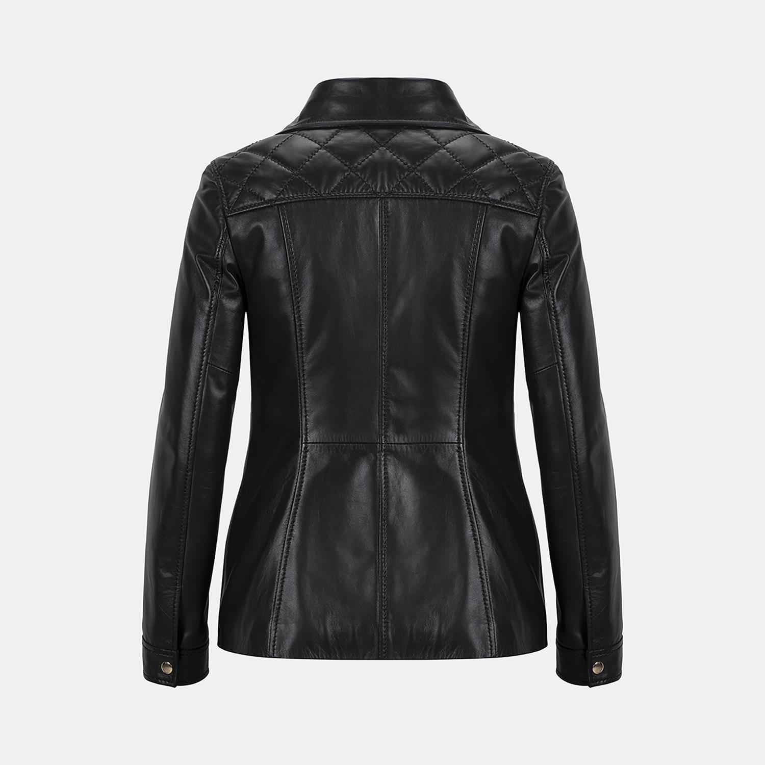 Kadın Siyah Yüksek Hakim Yakalı Deri Ceket