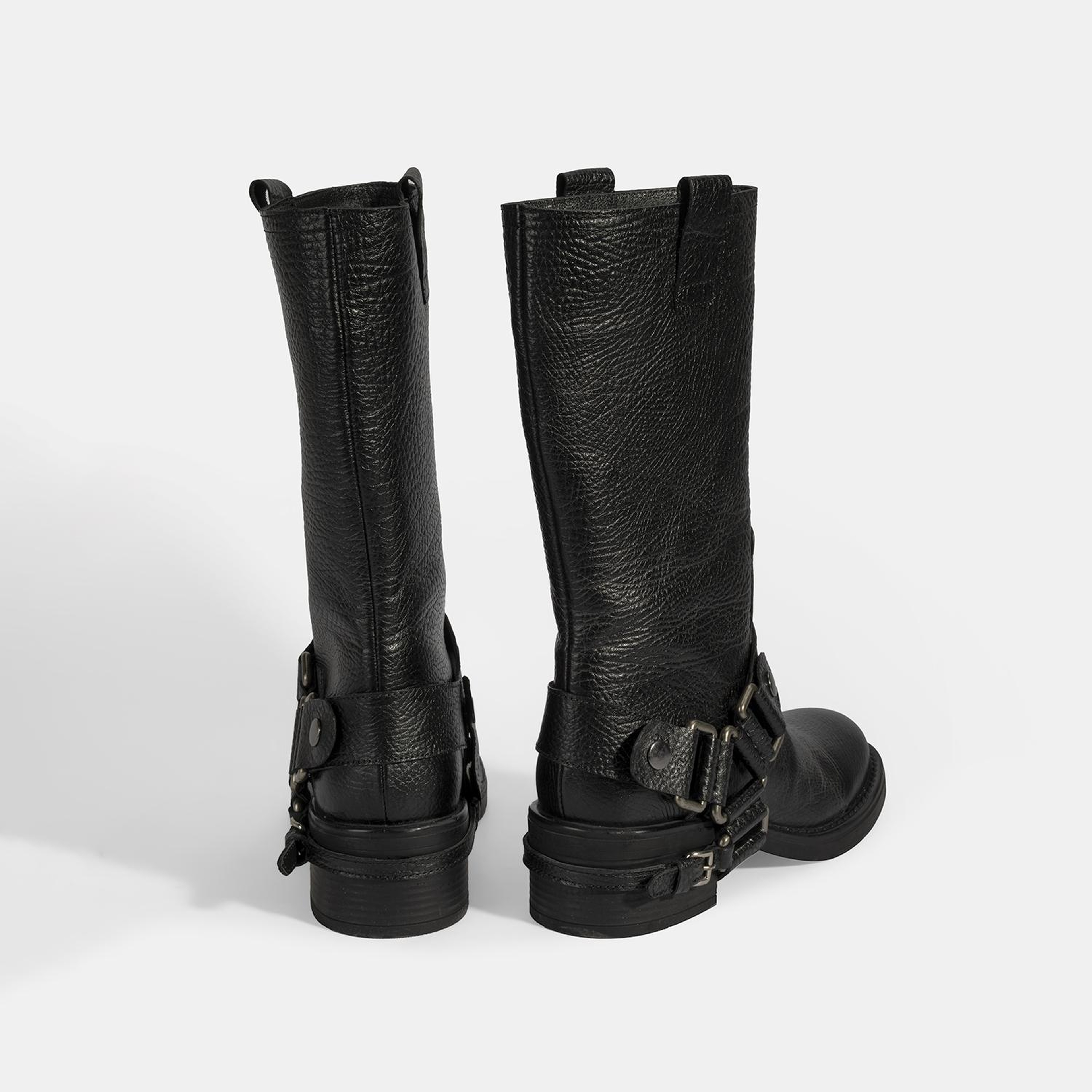 Kadın Siyah Metal Aksesuarlı Deri Biker Bot