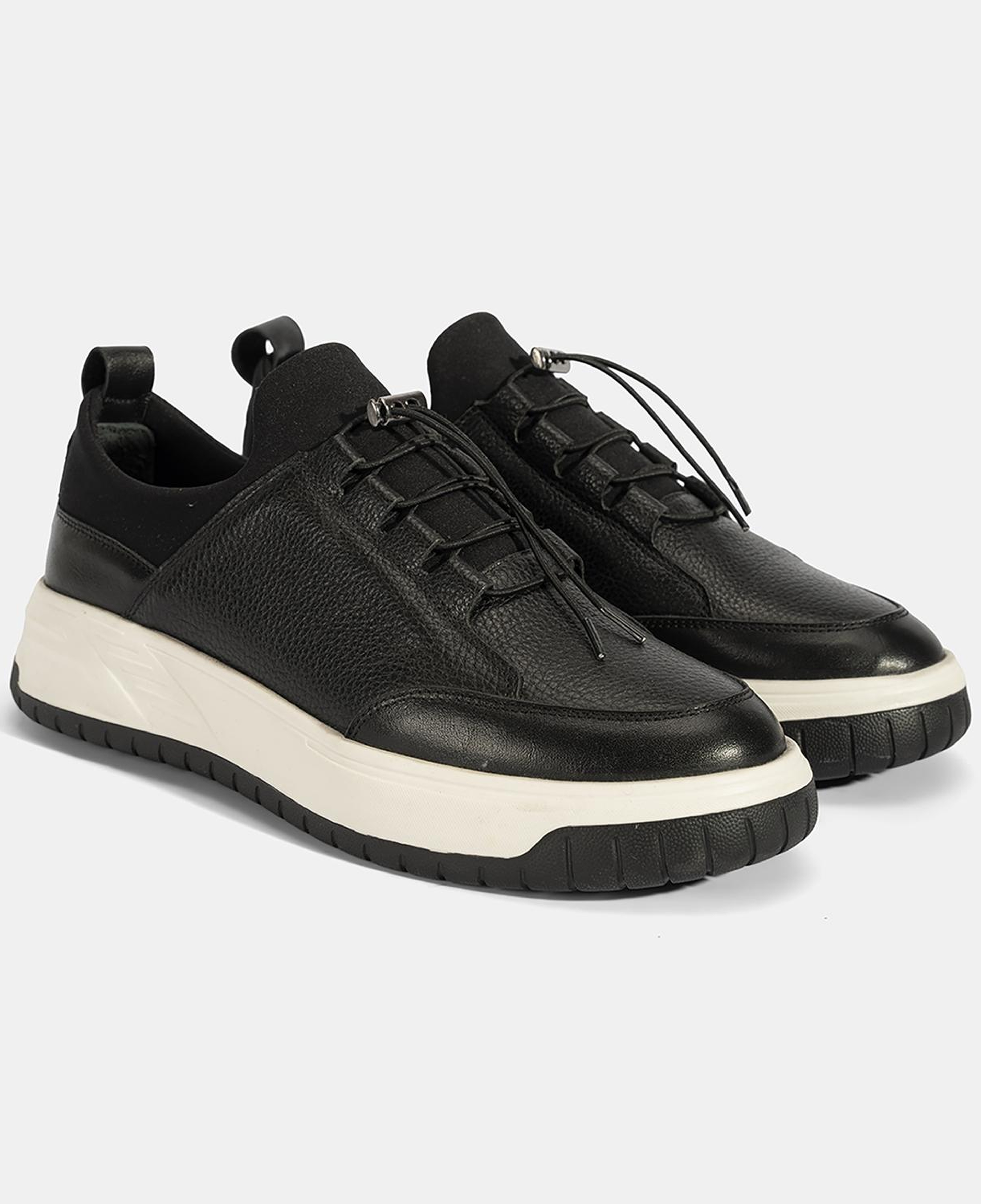 Erkek Siyah Lastik Bağcıklı Deri Sneaker