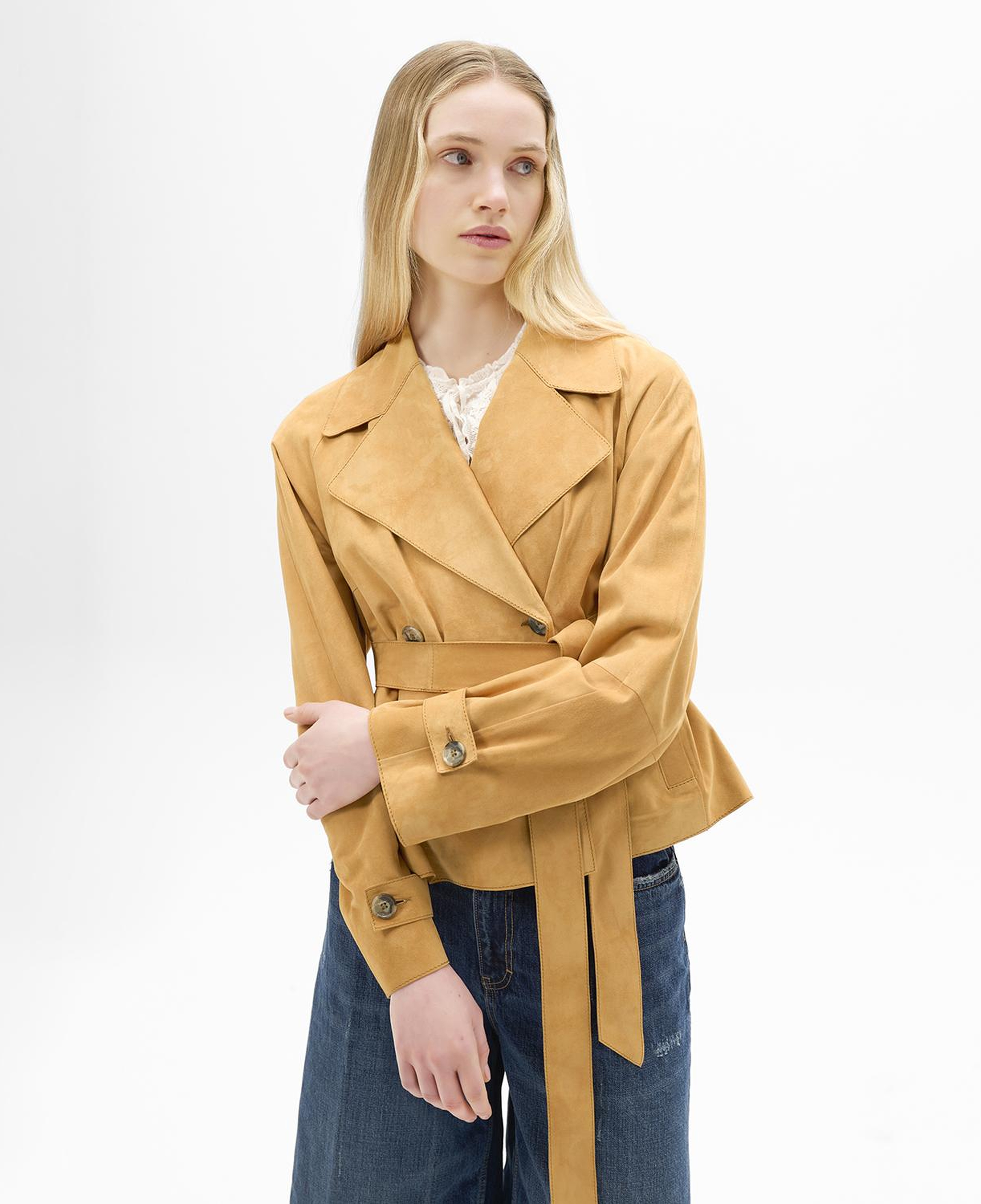 Limited Edition Kadın Turuncu Belden Bağlamalı Süet  Kısa Trençkot