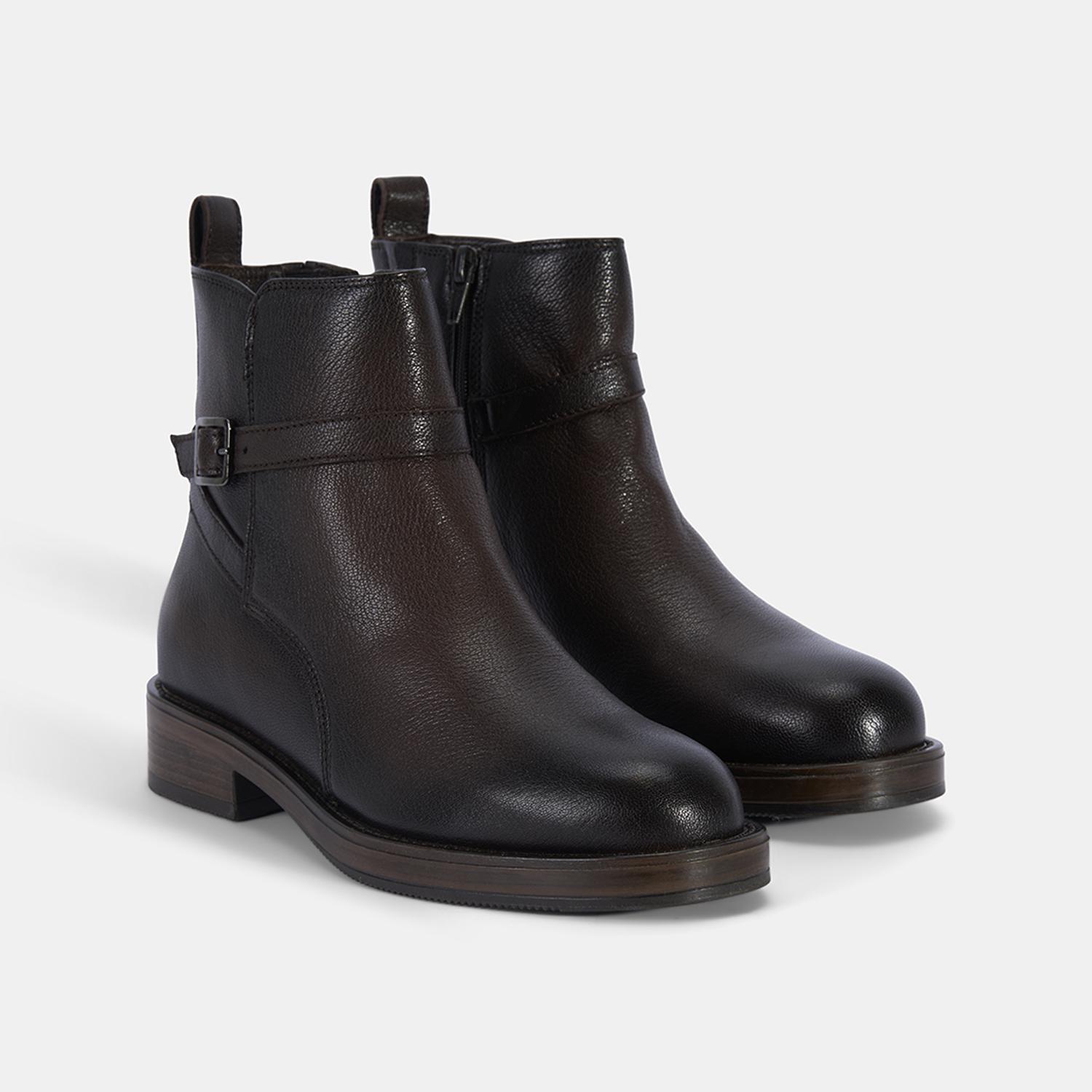 Kadın Kahve Ayarlanabilir Tokalı Deri Bot