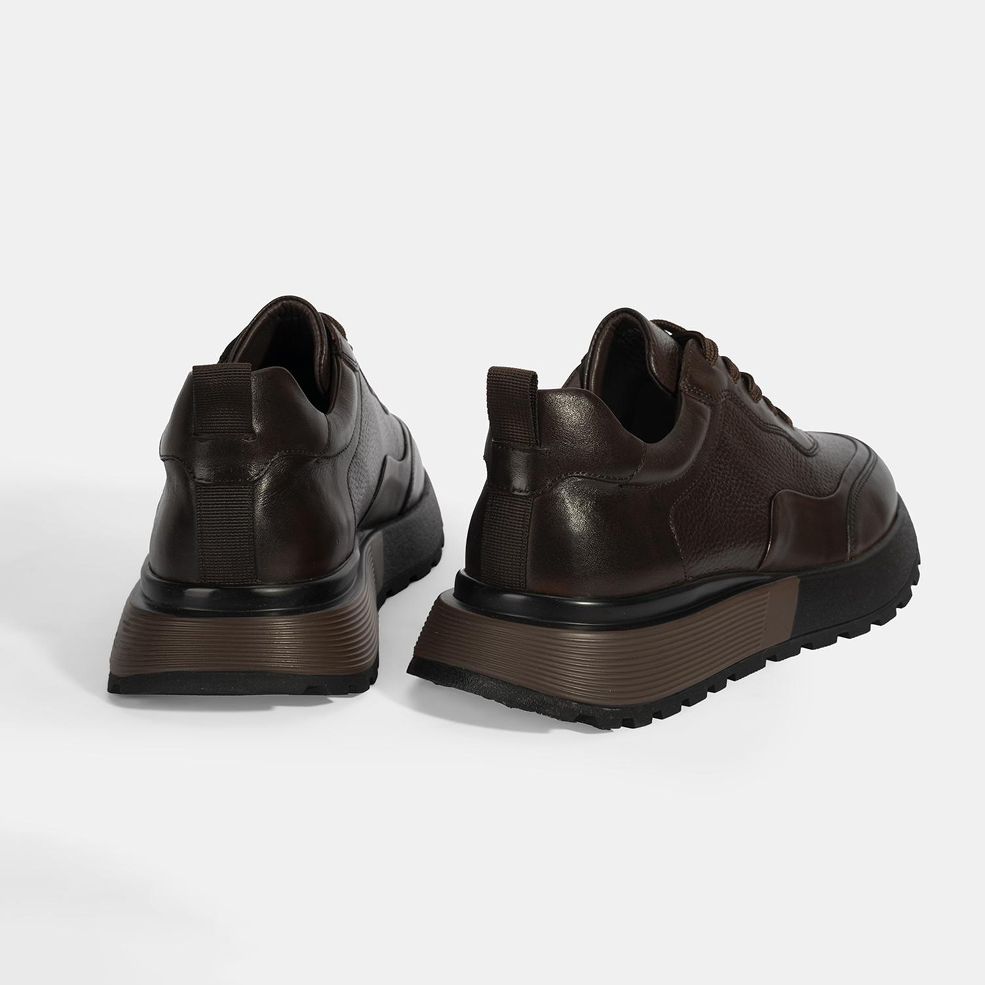 Erkek Kahve Bağcıklı Kalın Tabanlı Deri Sneaker