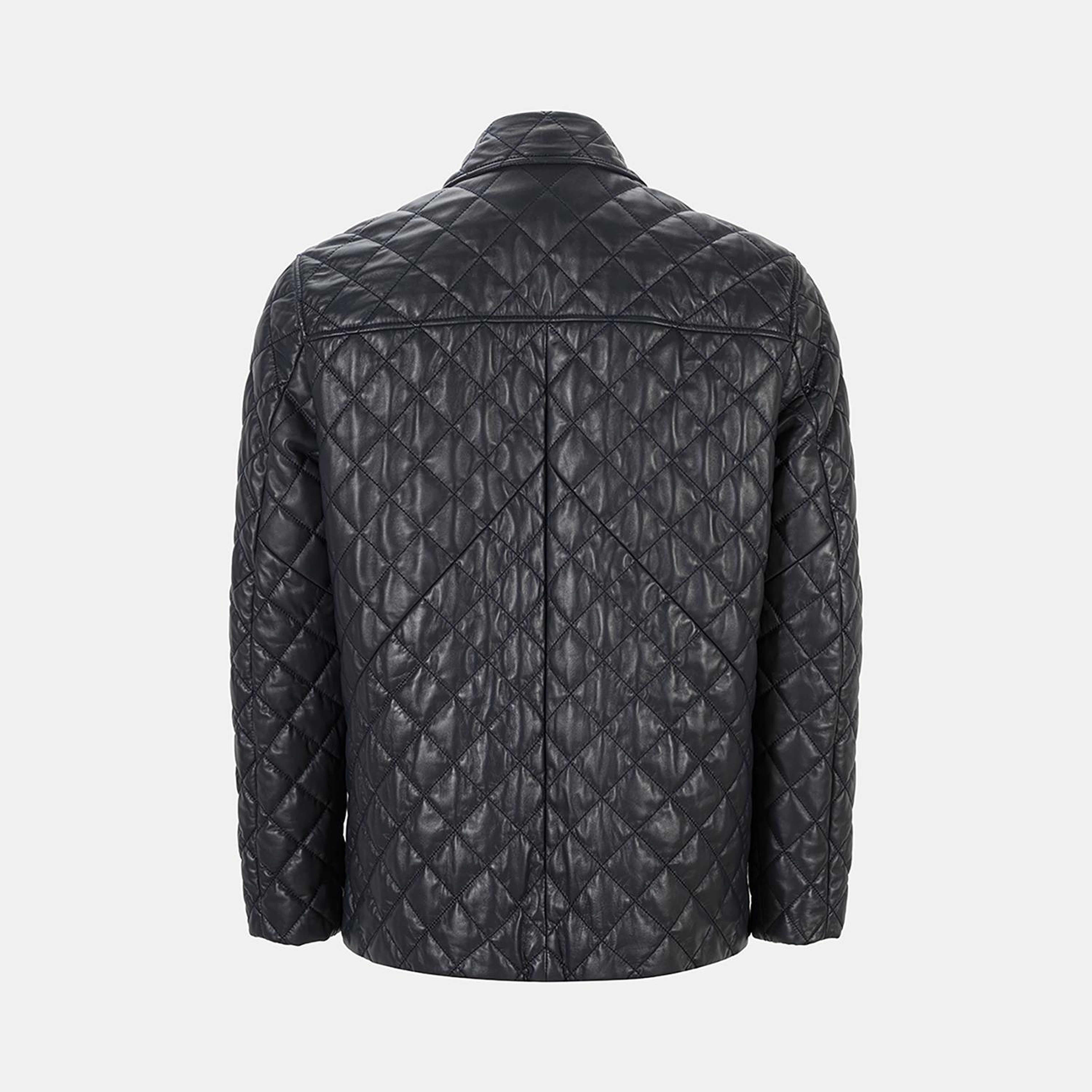 Erkek Lacivert Gömlek Yakalı Kapitoneli Deri Mont