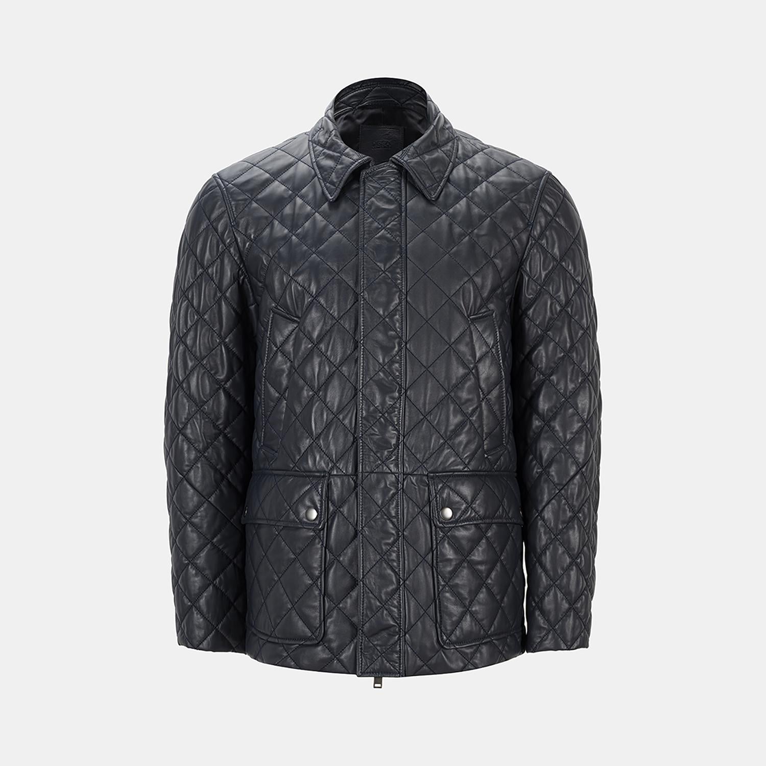 Erkek Lacivert Gömlek Yakalı Kapitoneli Deri Mont