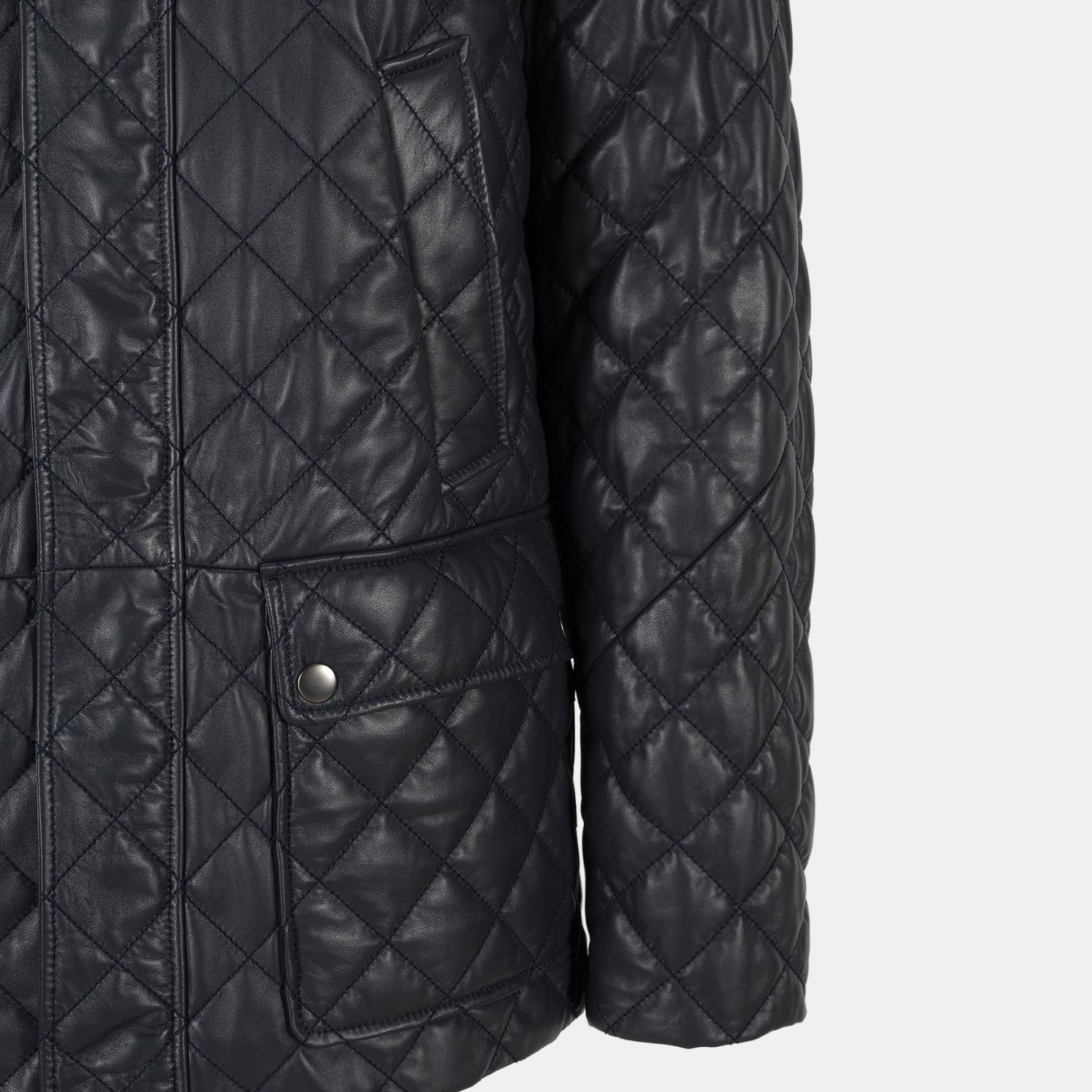 Erkek Lacivert Gömlek Yakalı Kapitoneli Deri Mont