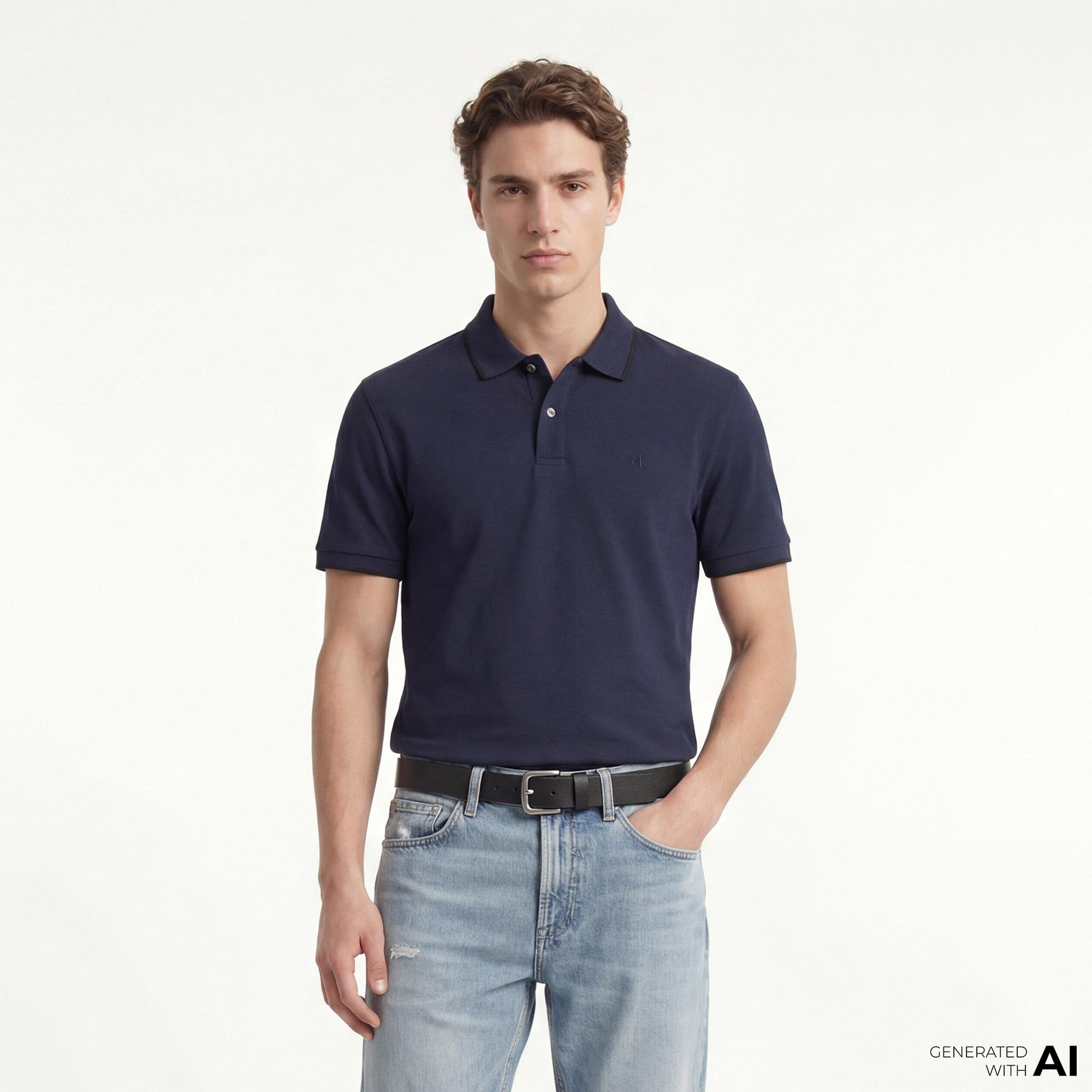 Calvin Klein Refined Pique Tipped Classic Erkek Mavi Polo