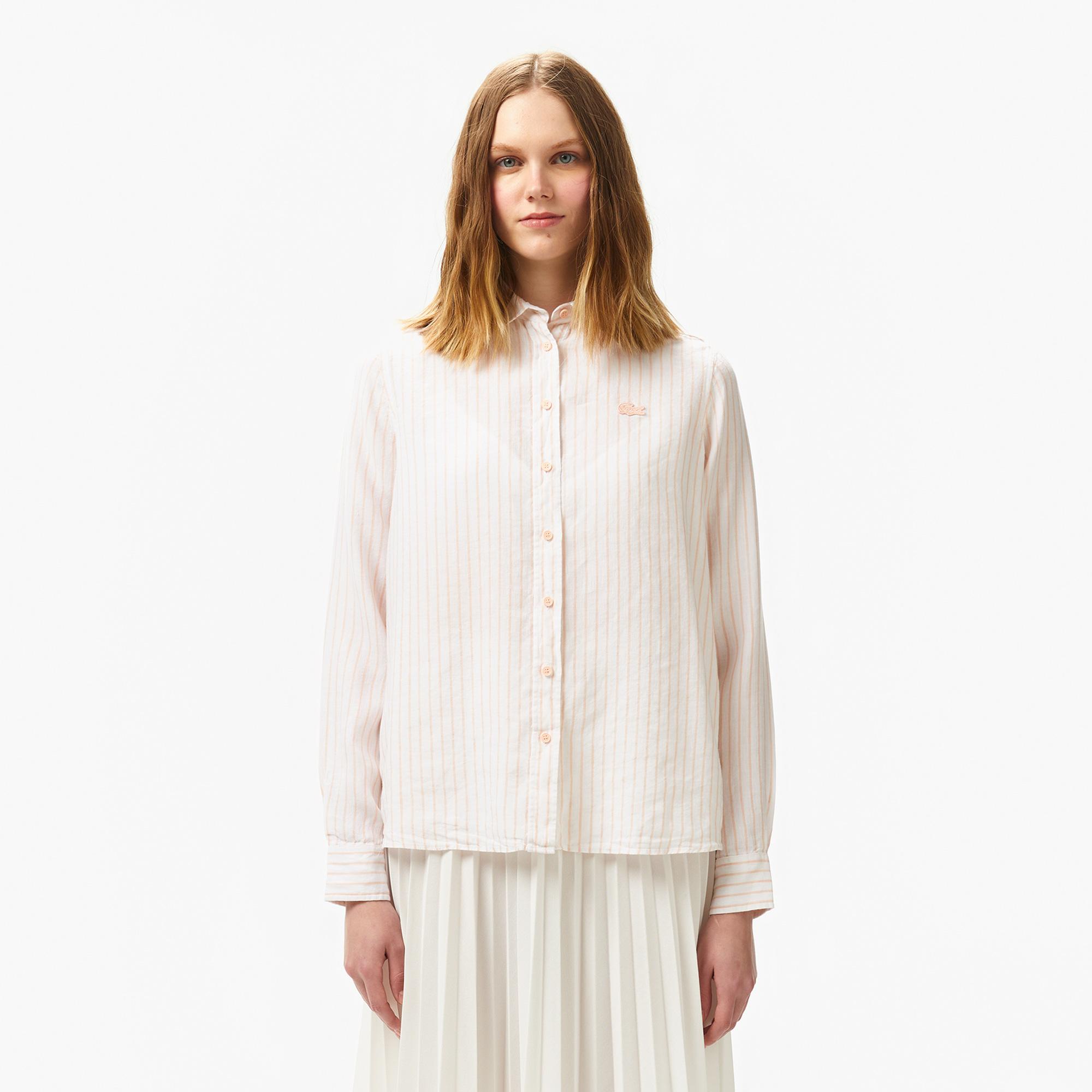 Lacoste Kadın Relaxed Fit Çizgili Keten Açık Pembe Gömlek