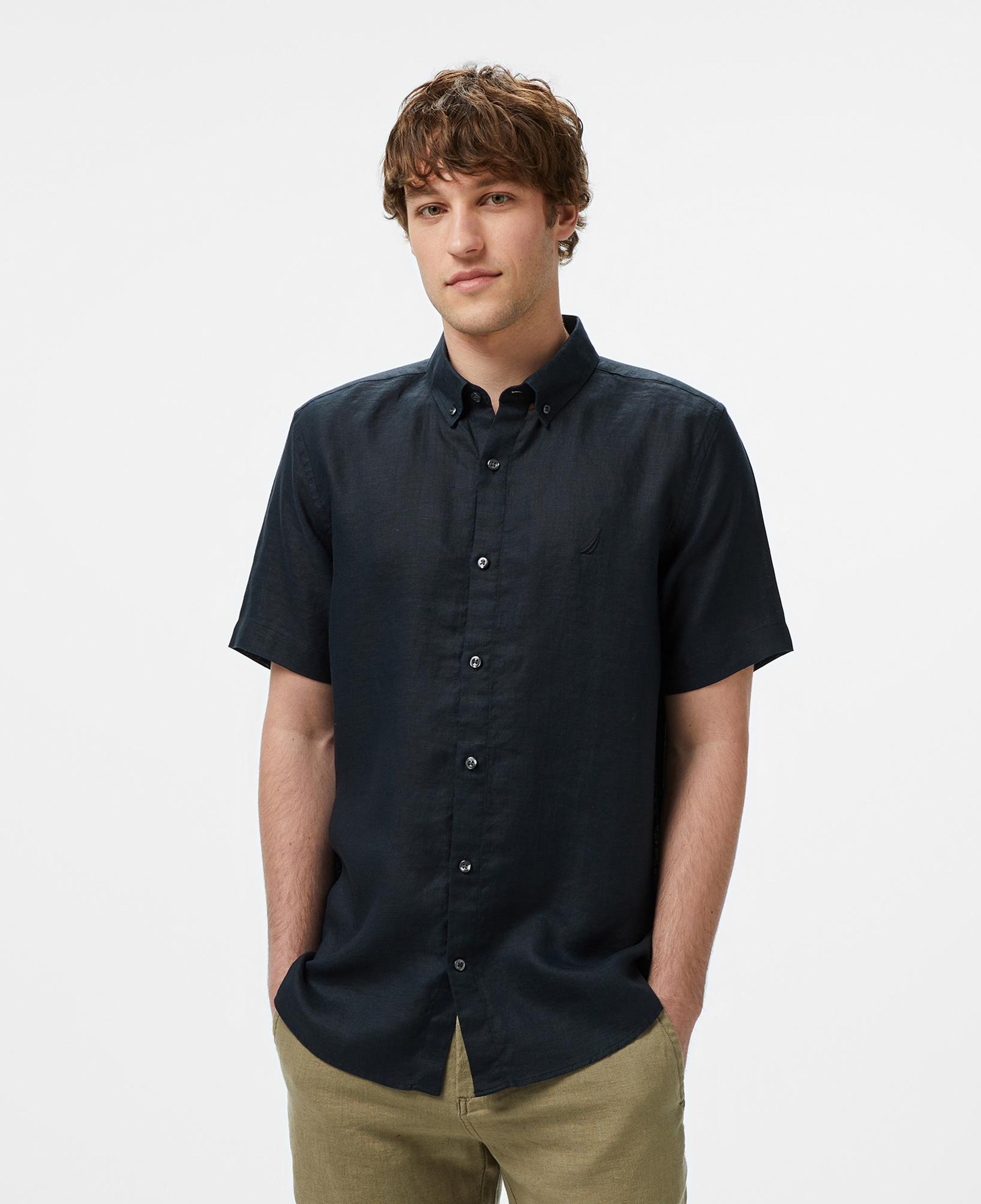 Nautica Erkek Siyah Classic Fit Keten Gömlek