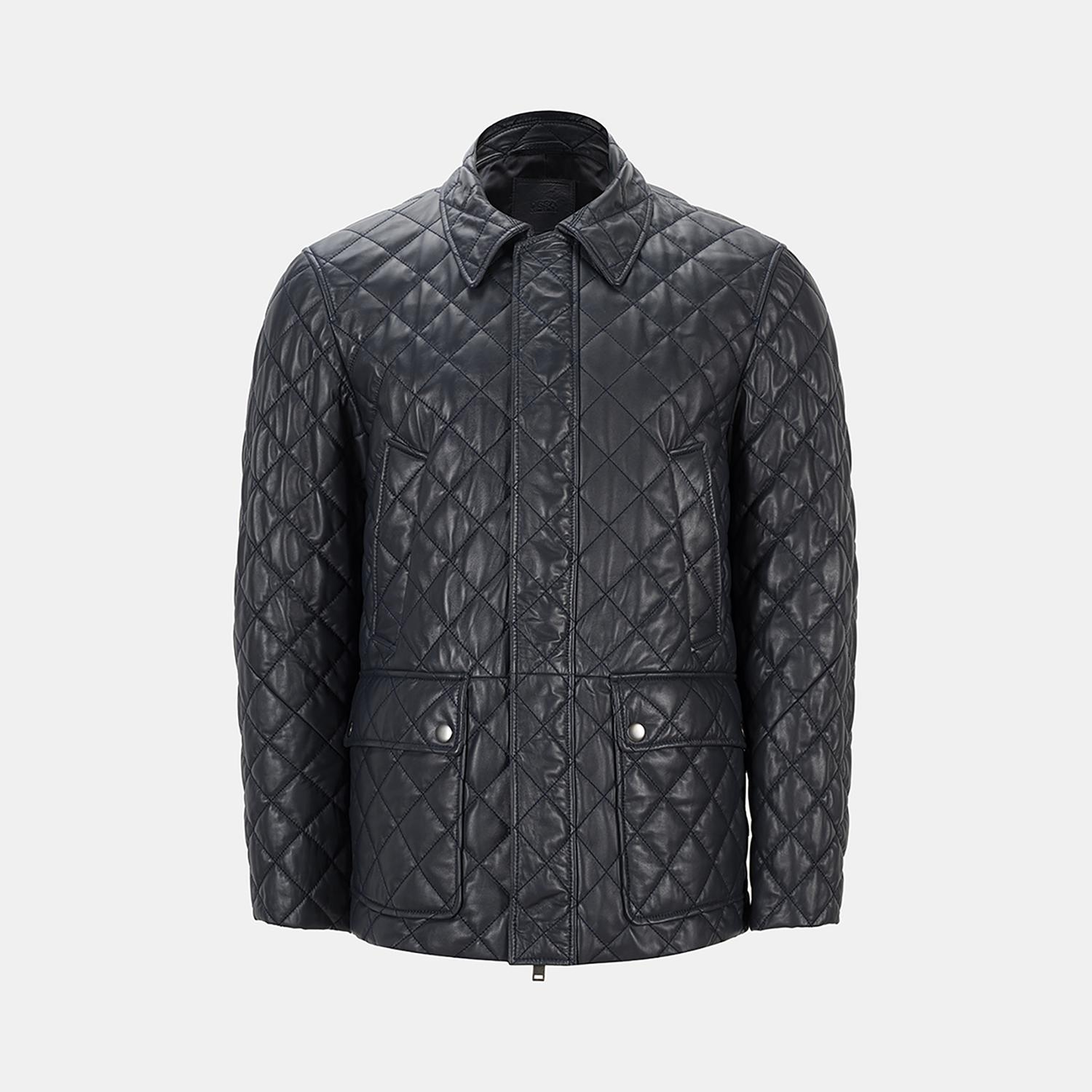 Erkek Lacivert Gömlek Yakalı Kapitoneli Deri Mont