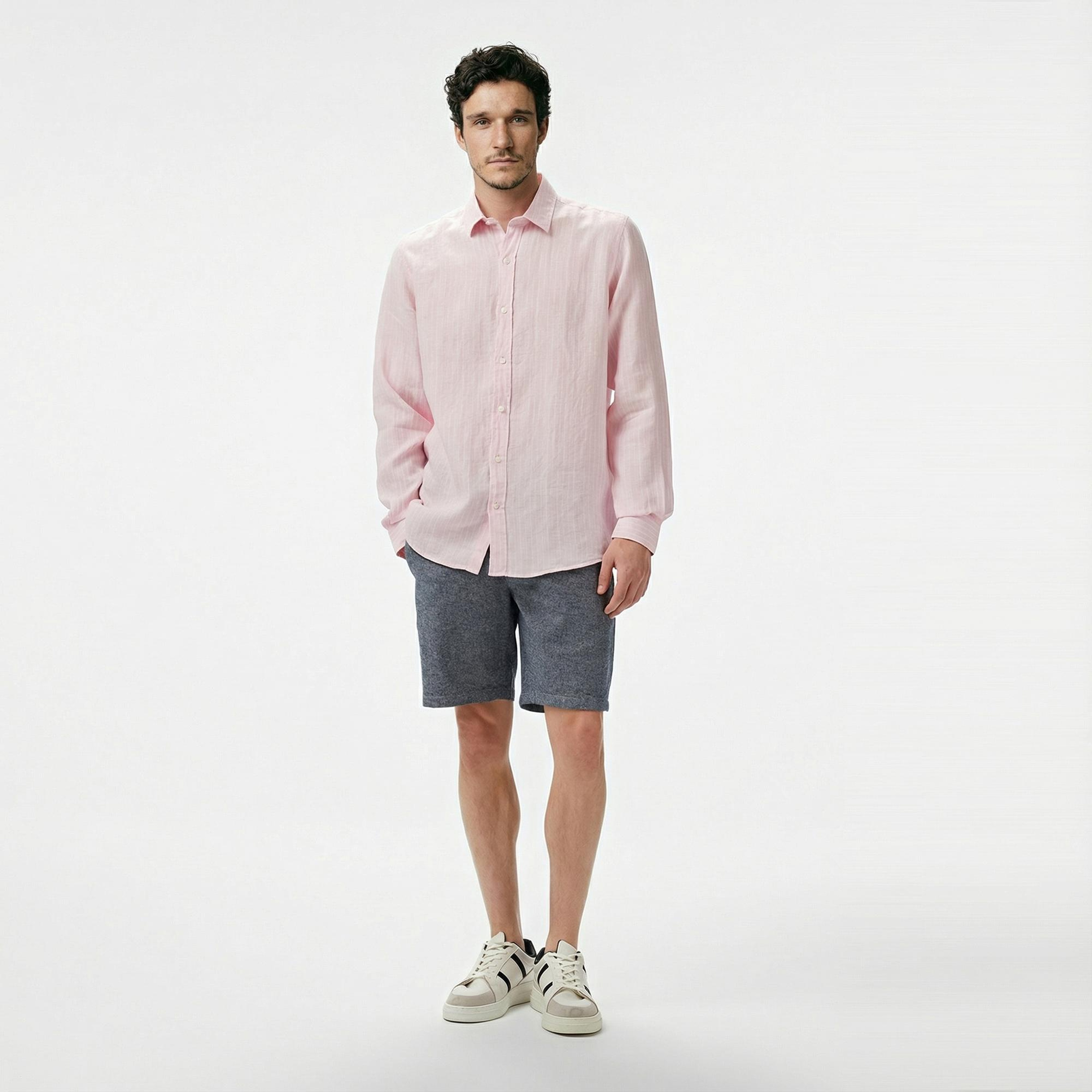 Nautica Erkek Pembe Classic Fit Çizgili Keten Gömlek