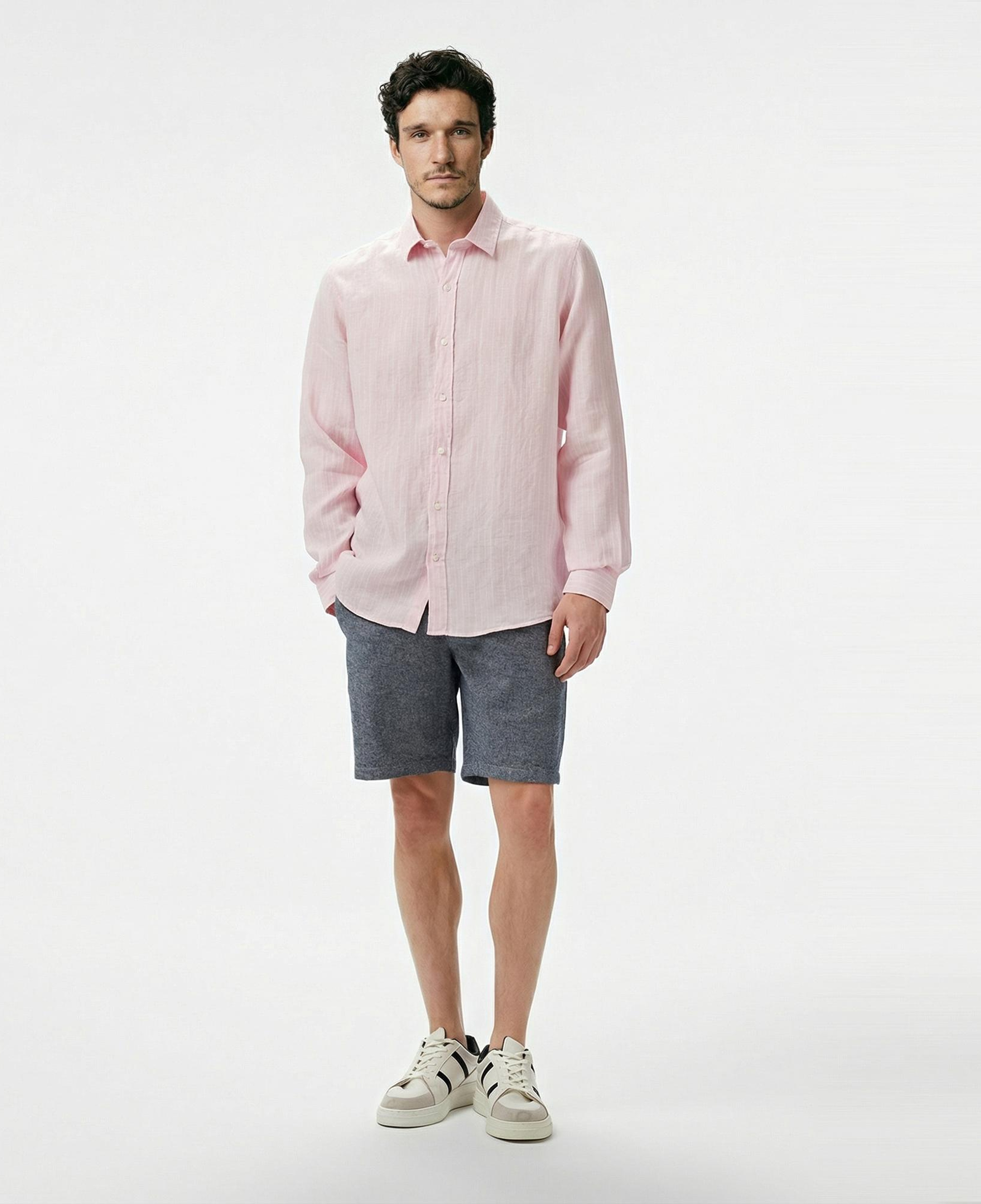 Nautica Erkek Pembe Classic Fit Çizgili Keten Gömlek