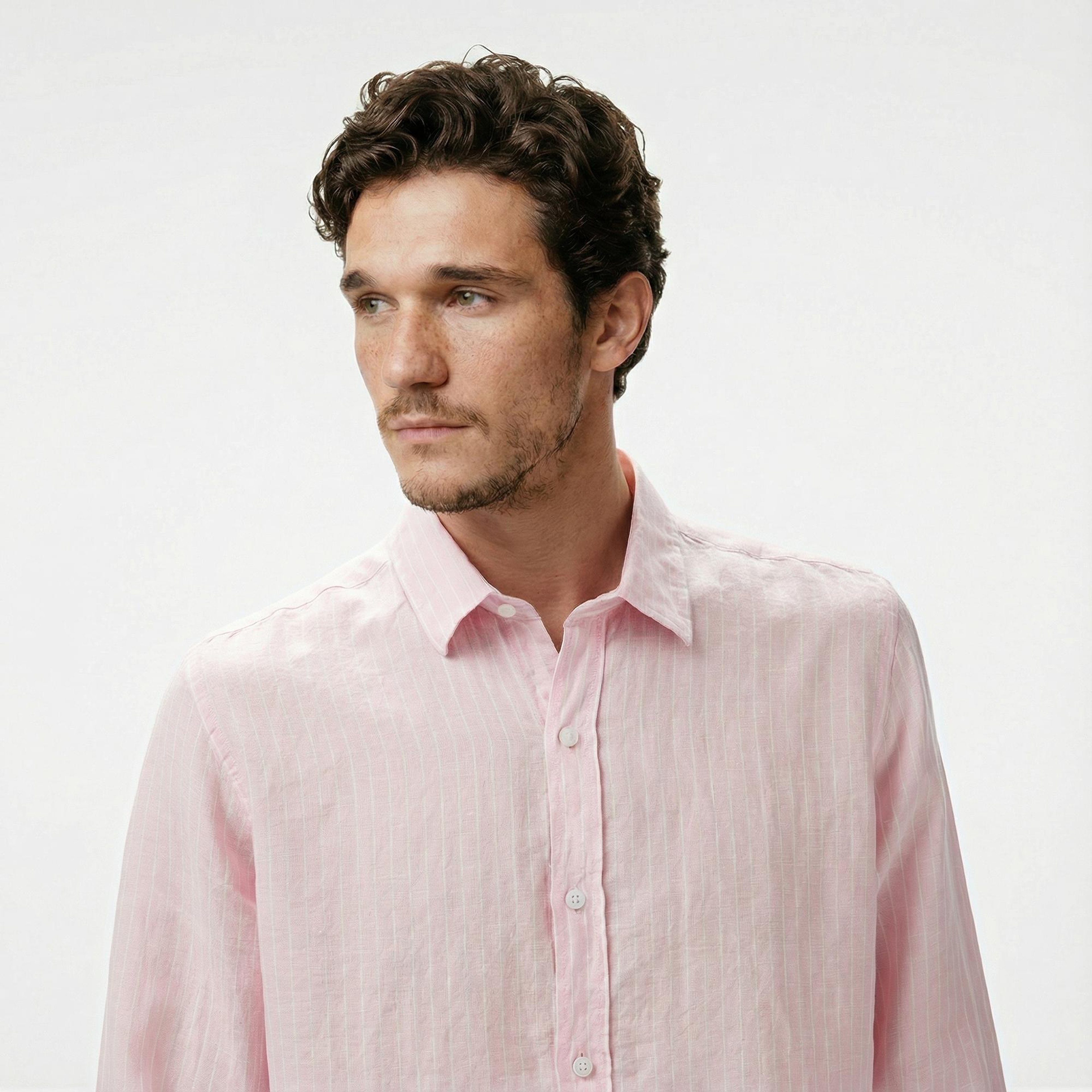 Nautica Erkek Pembe Classic Fit Çizgili Keten Gömlek