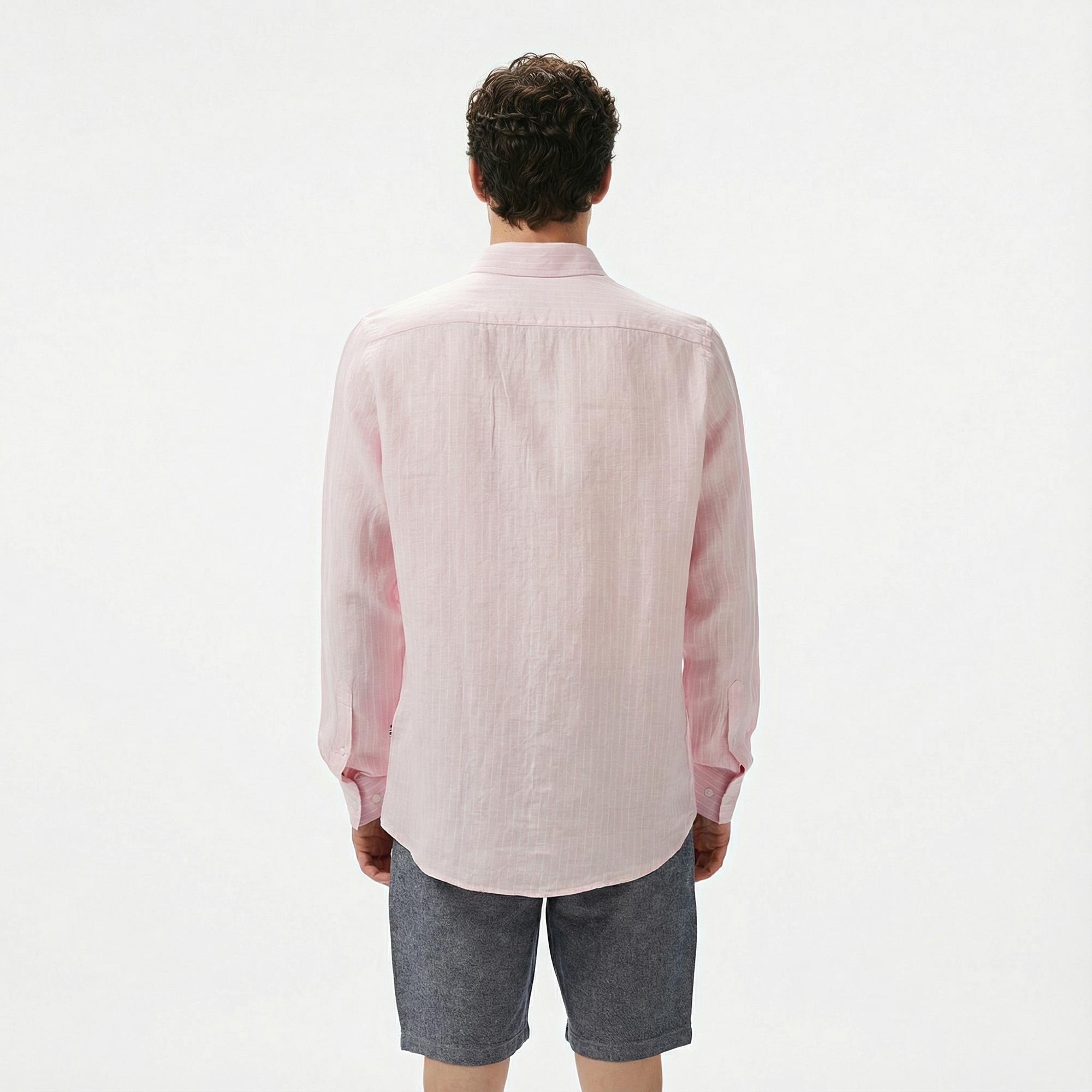 Nautica Erkek Pembe Classic Fit Çizgili Keten Gömlek