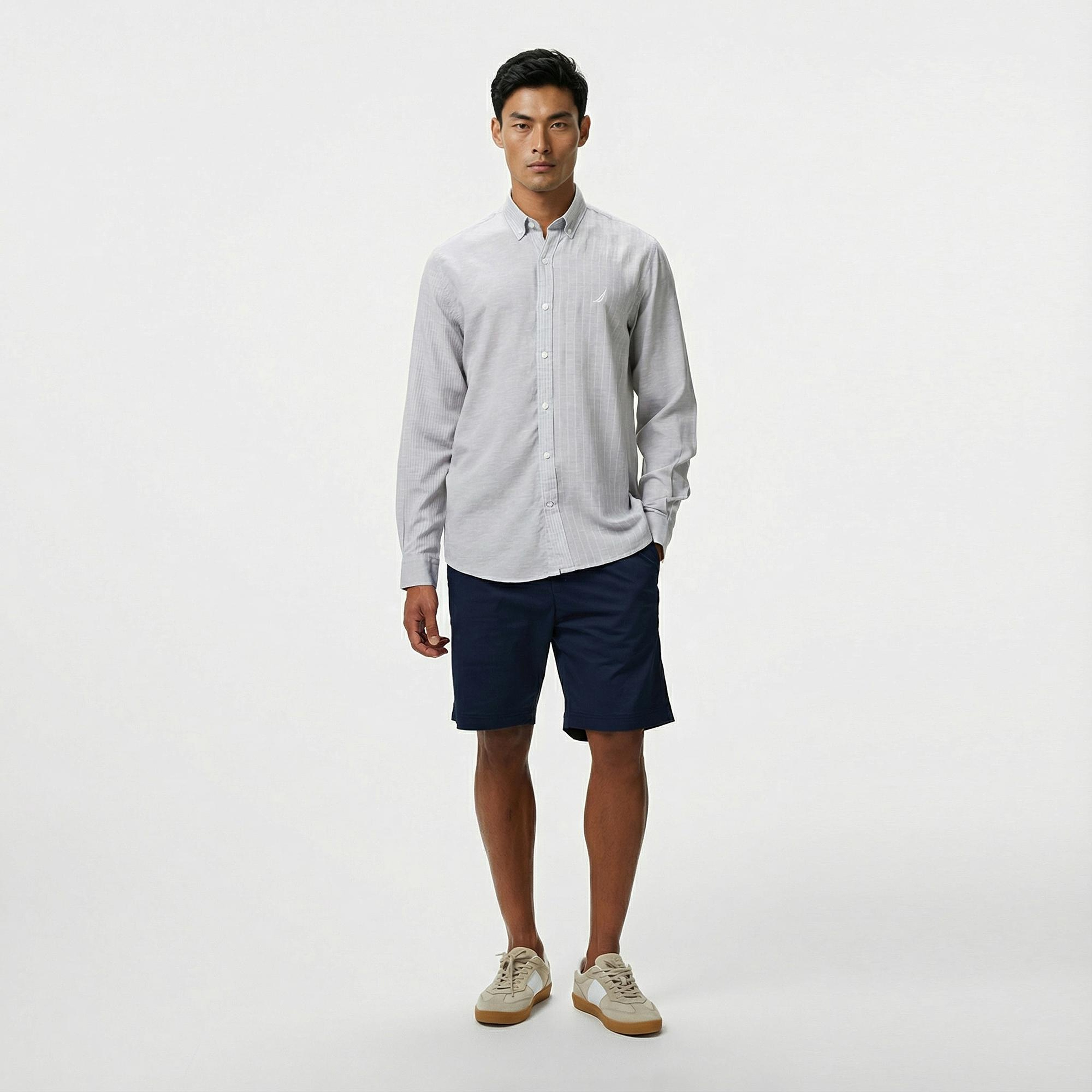 Nautica Erkek Gri Classic Fit Çizgili Gömlek