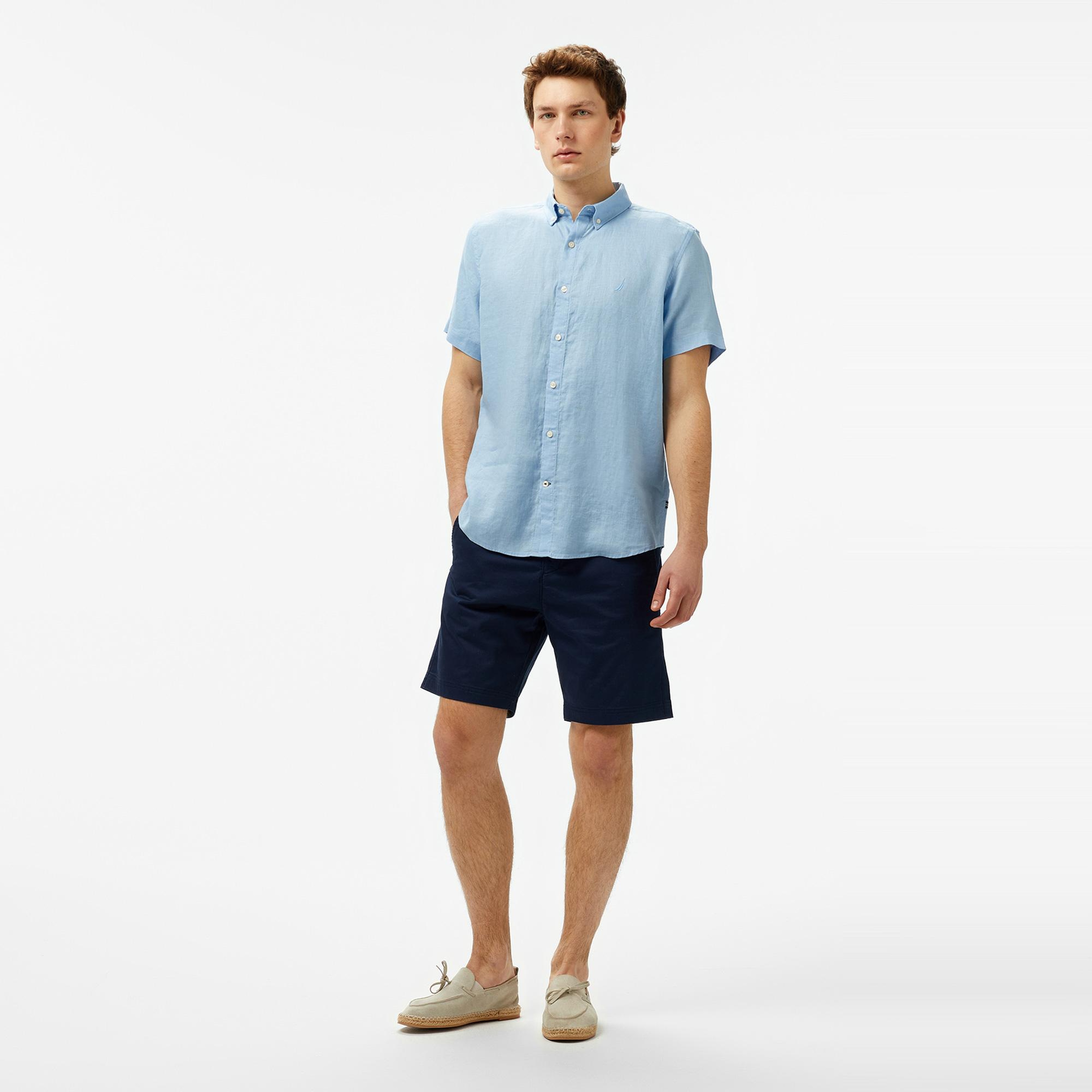 Nautica Erkek Mavi Classic Fit Keten Gömlek