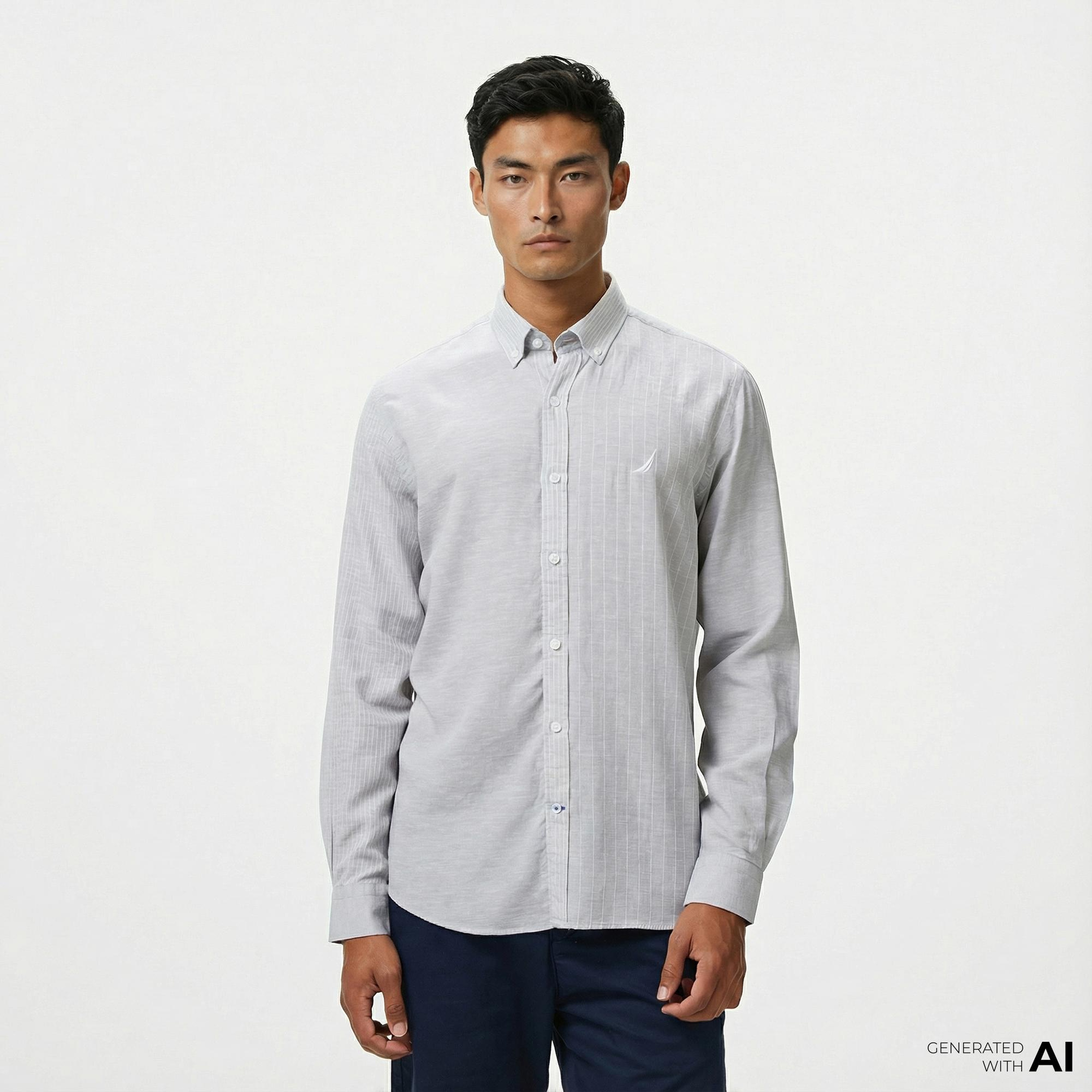 Nautica Erkek Gri Classic Fit Çizgili Gömlek