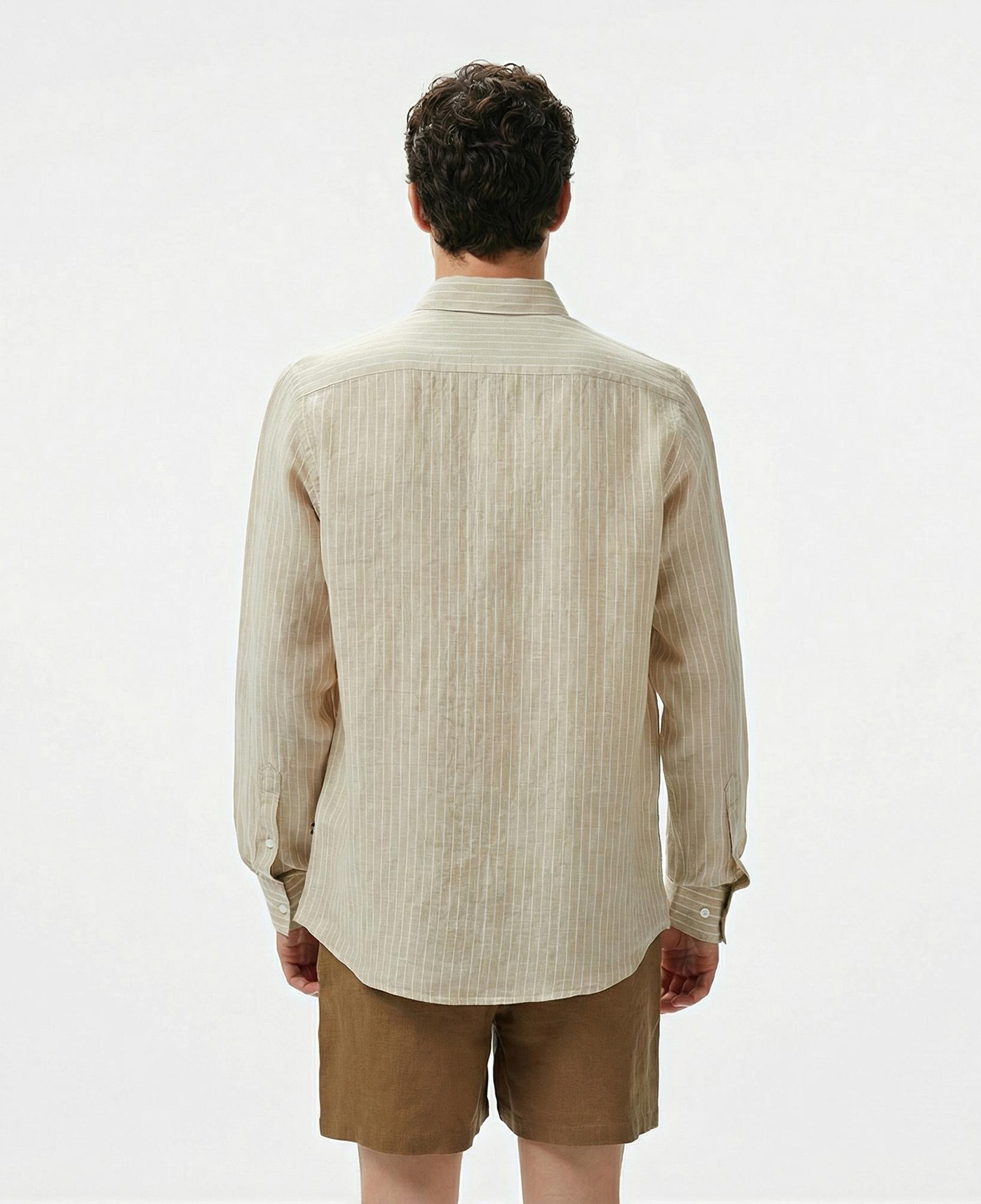 Nautica Erkek Bej Classic Fit Çizgili Keten Gömlek